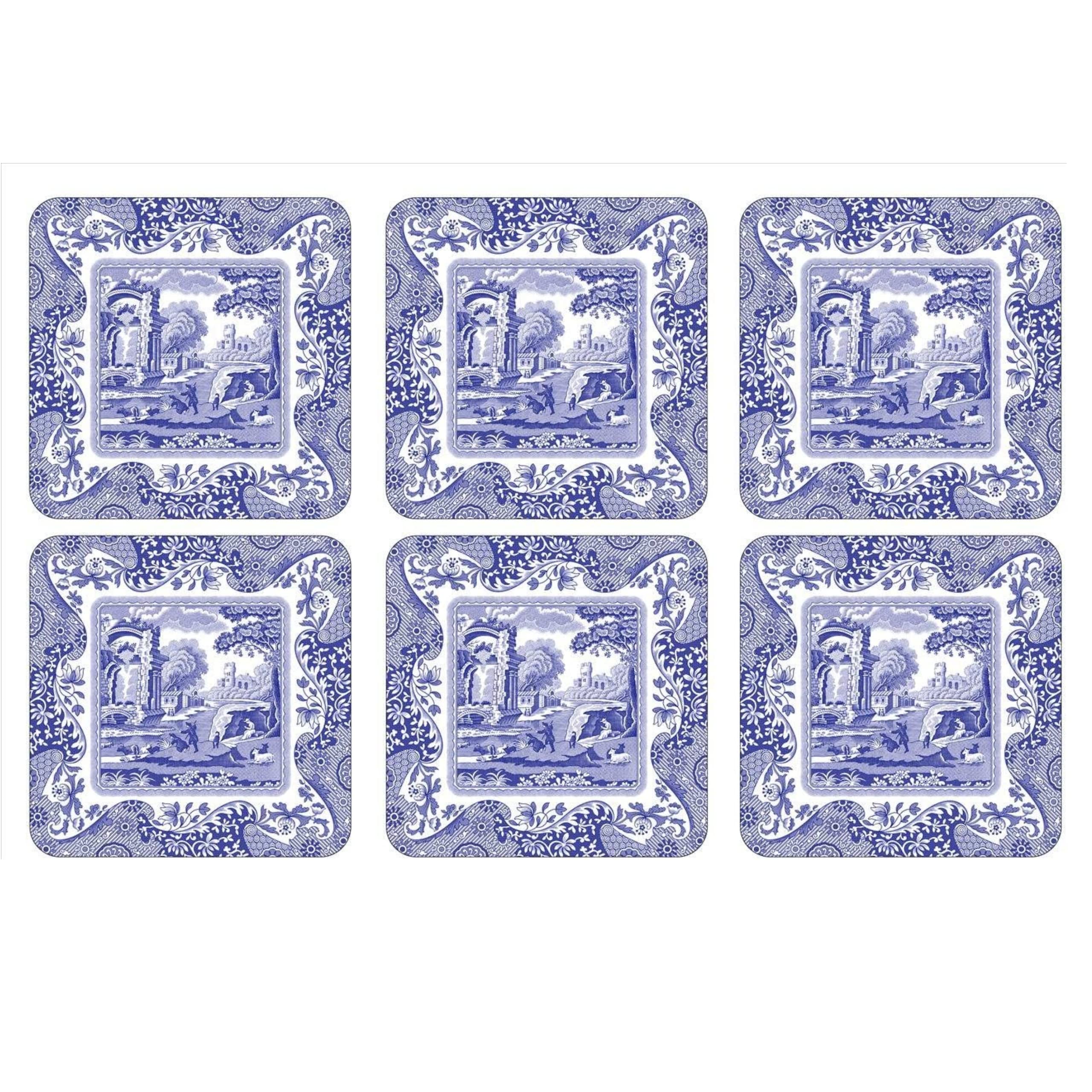 Spode Pimpernel Blue Italian Coasters Set of 6, 4" x 4", Cork Backing, Elegant Design, Protects Furniture, Easy to Clean