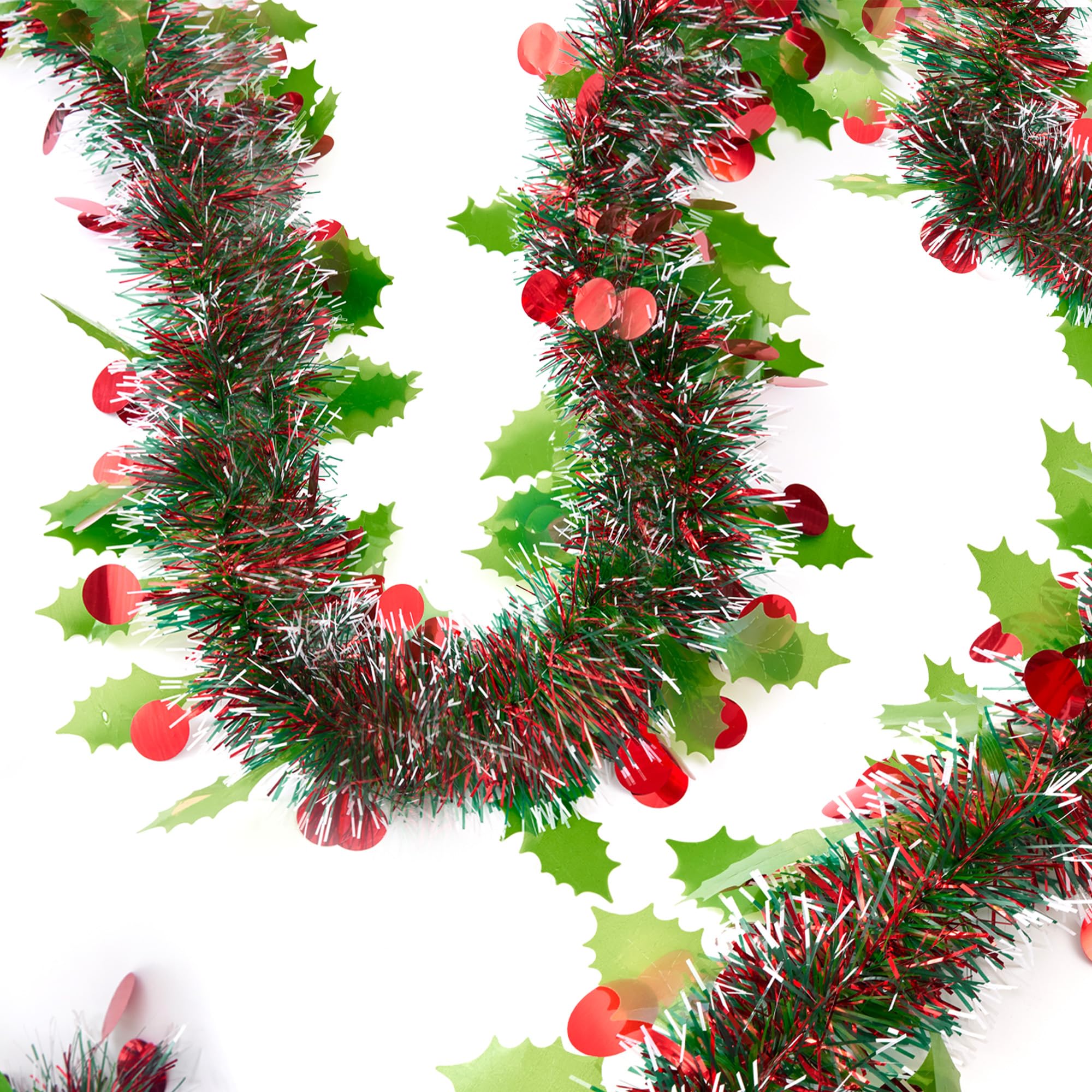 MUWOOB 33 Ft Christmas Tinsel Garland, Green Glitter Xmas Tree Decorations with Frost Tip Leafs and Red Berry Shapes, Metallic F
