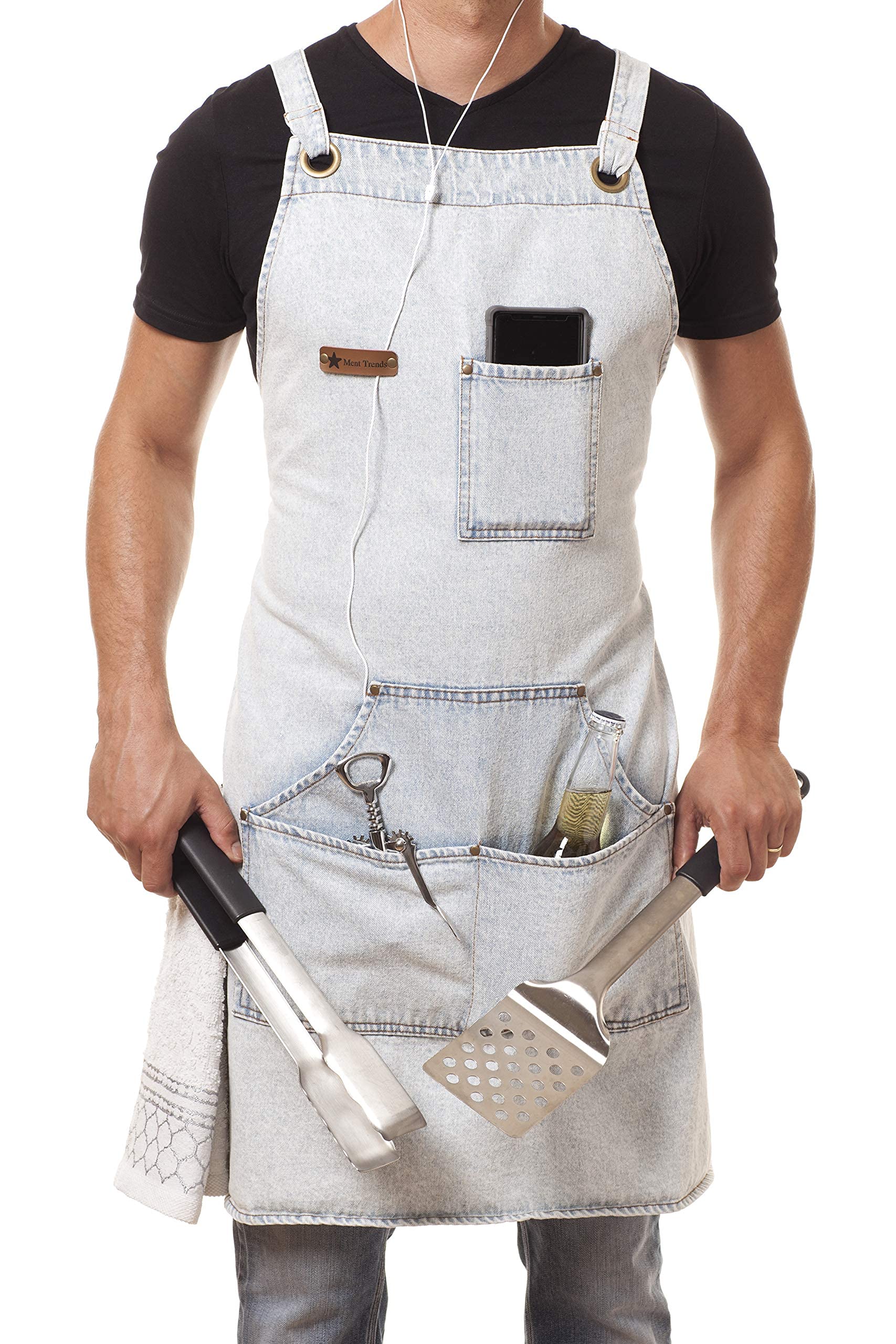 Arawak Brave Distressed Denim Apron Chef Kitchen Bbq Grill Light Blue Towel Loop + Quick Release Buckle + Tool Pockets Adjustabl