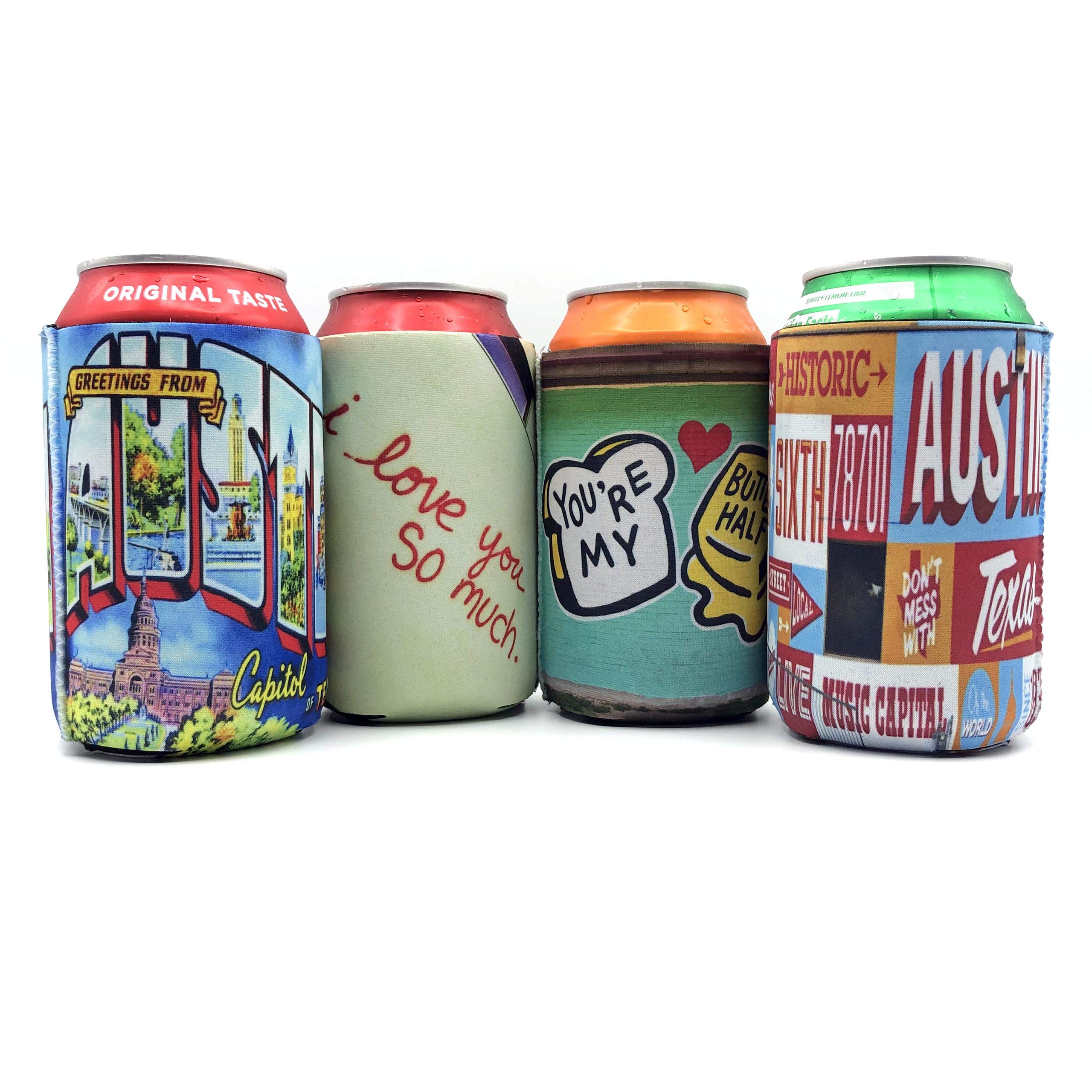 Exit82Art - Insulated Neoprene Can Coolers, Set Of 4, Austin Texas Murals, Fits 12 Oz Cans And Longnecks, Collapsible, Dishwashe