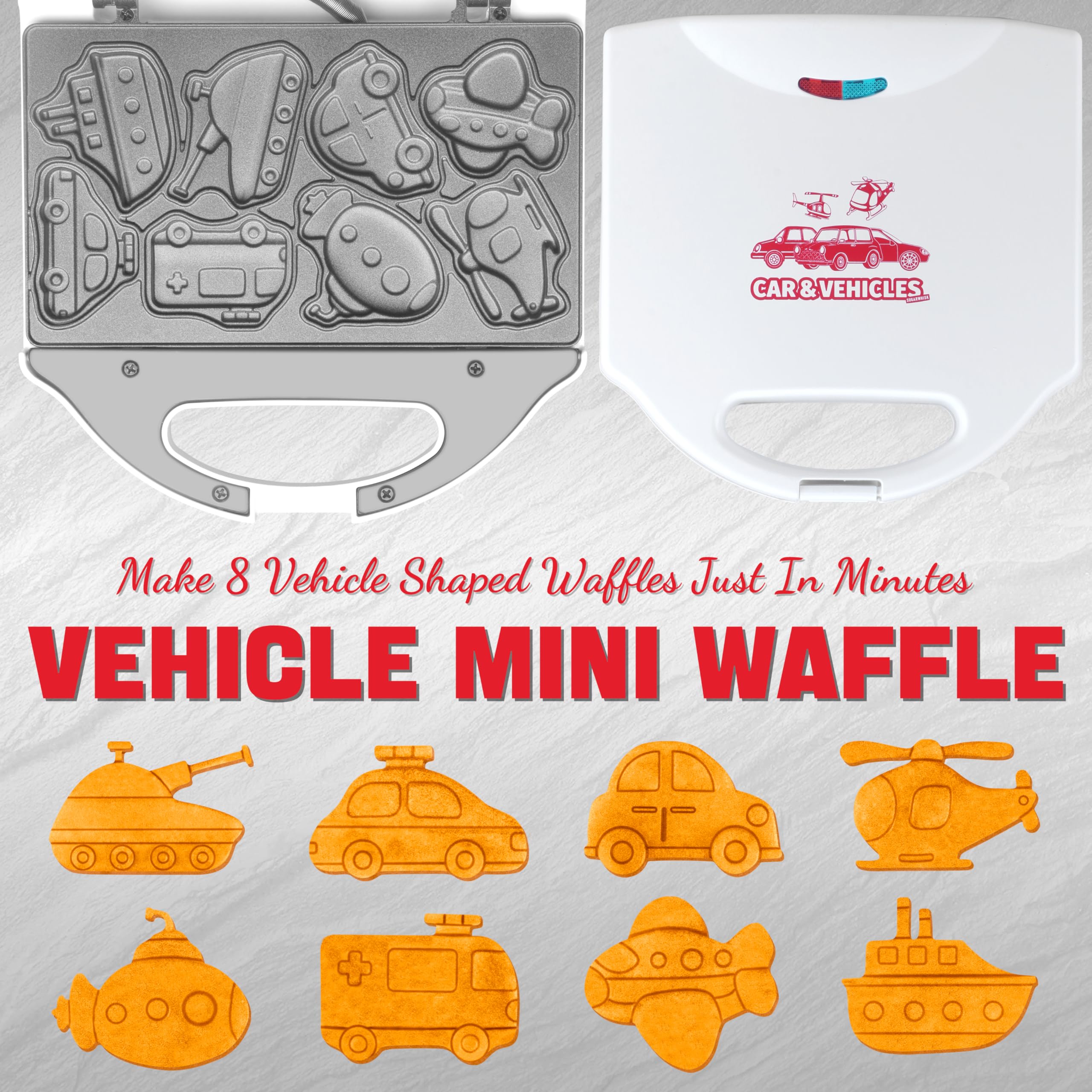 SugarWhisk Mini Waffle Maker - Fun Vehicle Shapes, Non-Stick, Compact, White, Model SW-12CM01, Ideal for Kids, Halloween & Christmas
