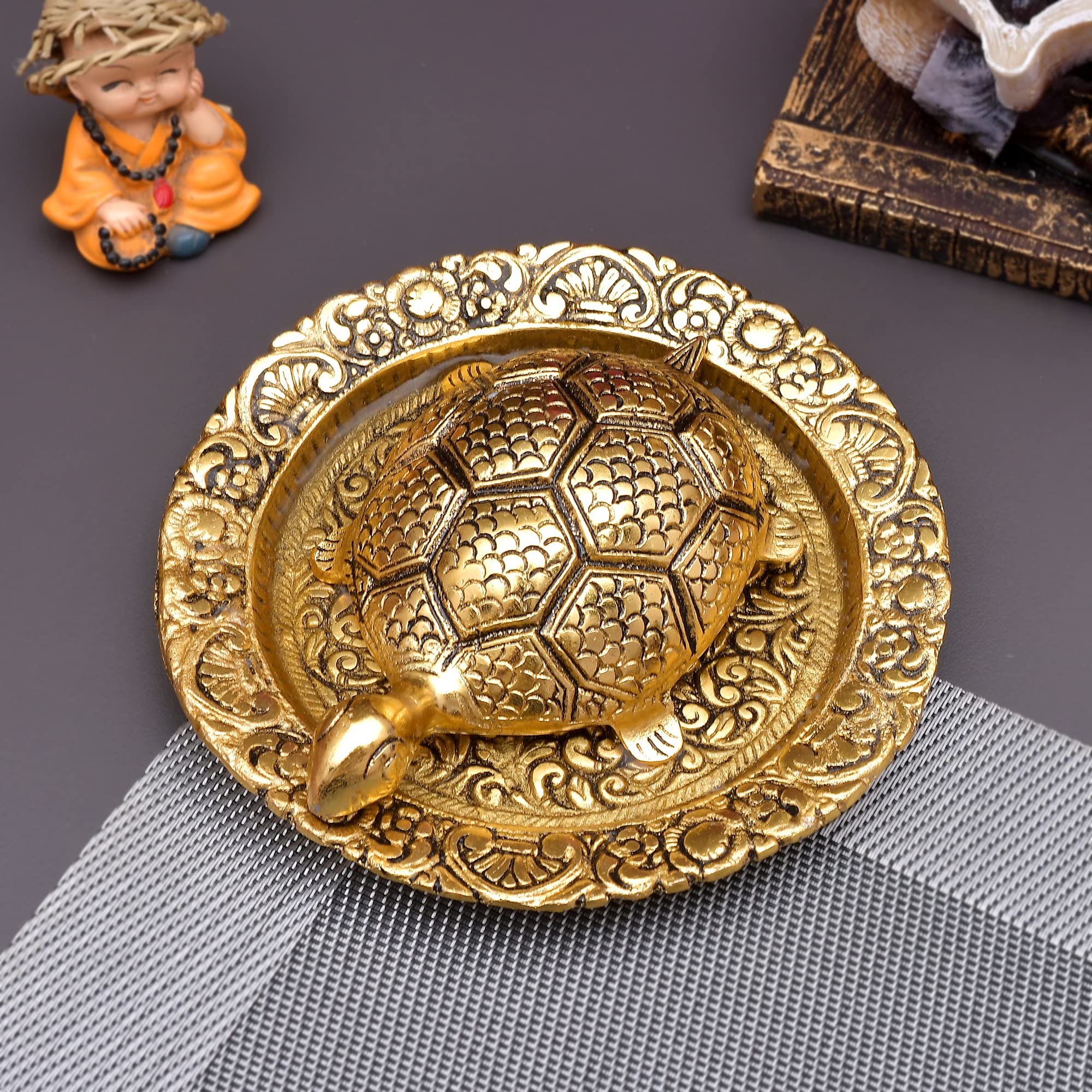 Metal Kachua/Tortoise/Turtle On Gold Metal Plate With Golden Border Vastu Yantra Feng Shui | Decorative Good Luck Showpiece (Dh_