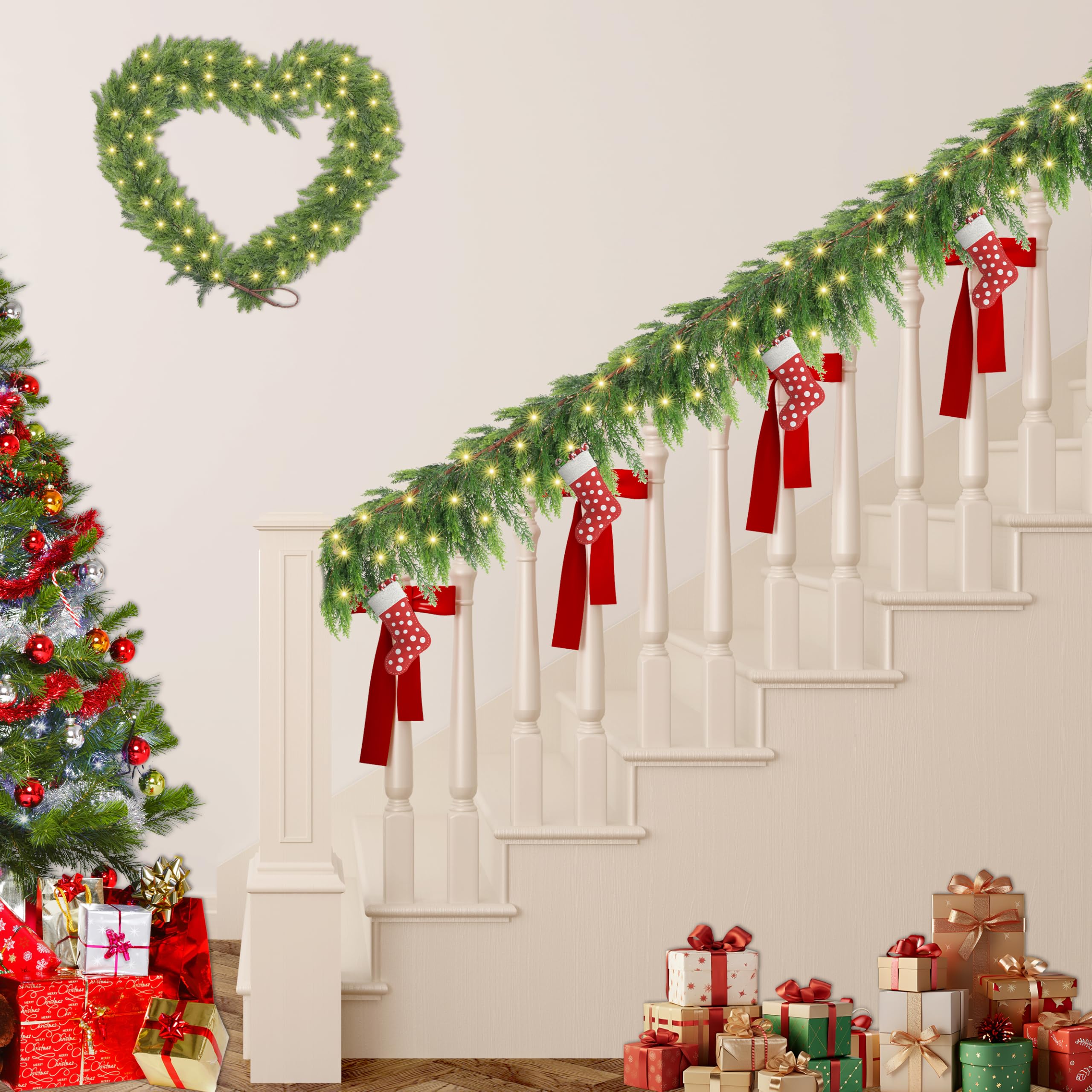 Goldshire 6FT Christmas Cedar Garland with Light, Lighted Real Touch Cedar Garland, Artificial Greenery Garlands for Table Firep