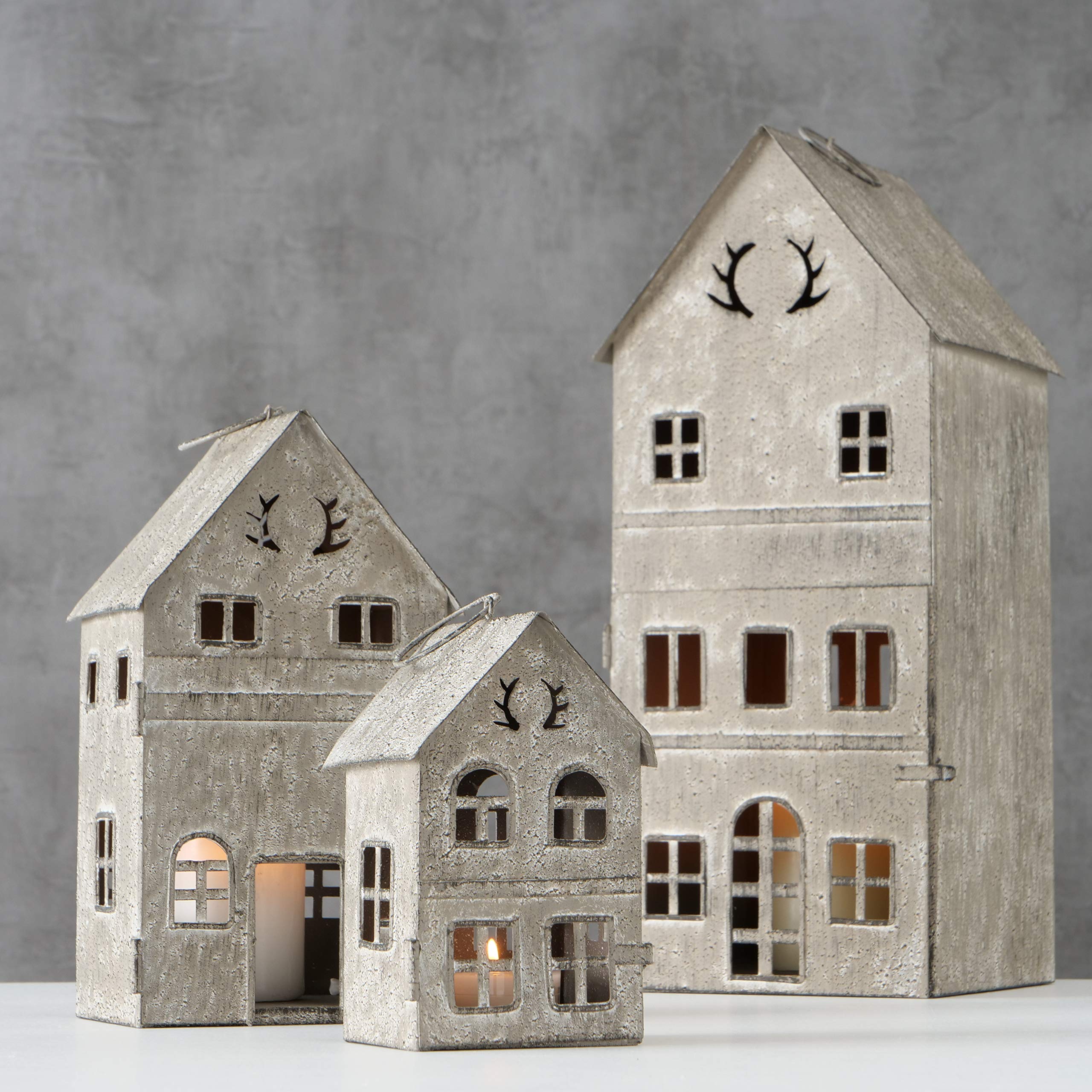 Main Street Town House Candle Lanterns, Set of 3, Vintage Style, Antler Details, Weathered White and Rustic Gray, Metal, Hinged