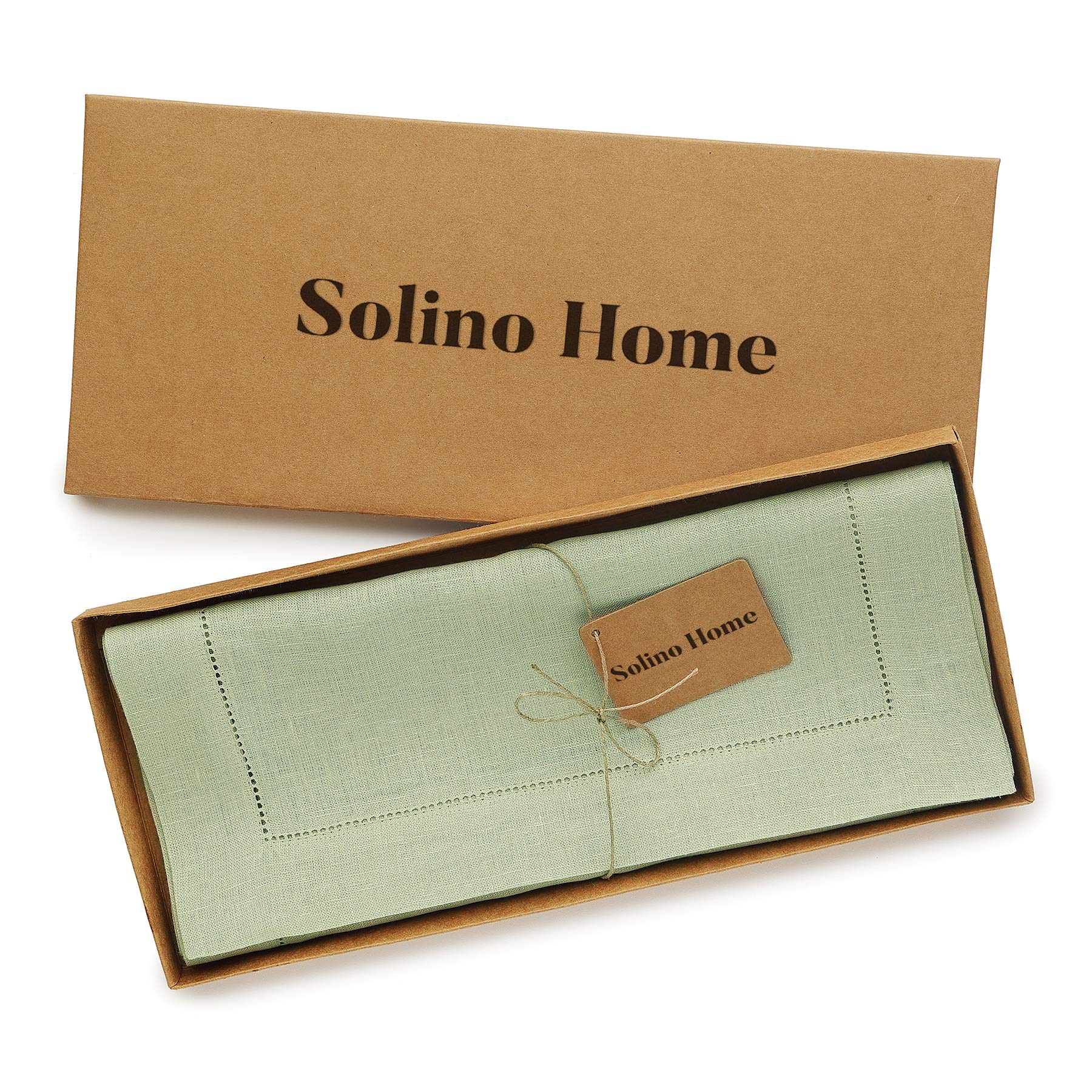 Solino Home Sage Green Linen Table Runner 90 Inches Long - 100% Pure Linen Classic Hemstitch Table Runner 14 X 90 Inch - Machine