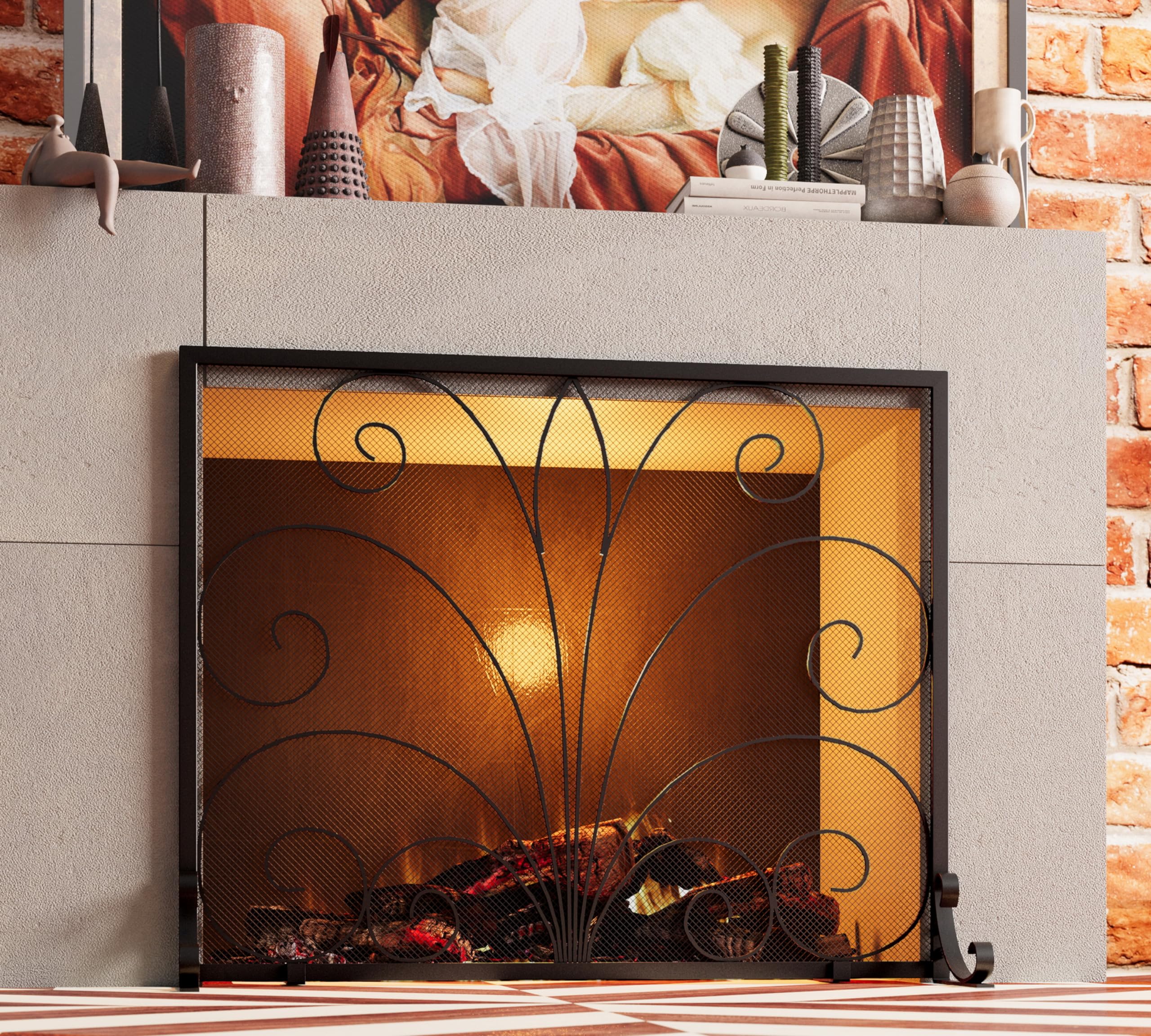 Fire Beauty Fireplace Screen,Handcrafted Wrought Iron,Flat Guard Metal Furnace Fireguards Mesh,Safe Spark Protector,Wood Burning