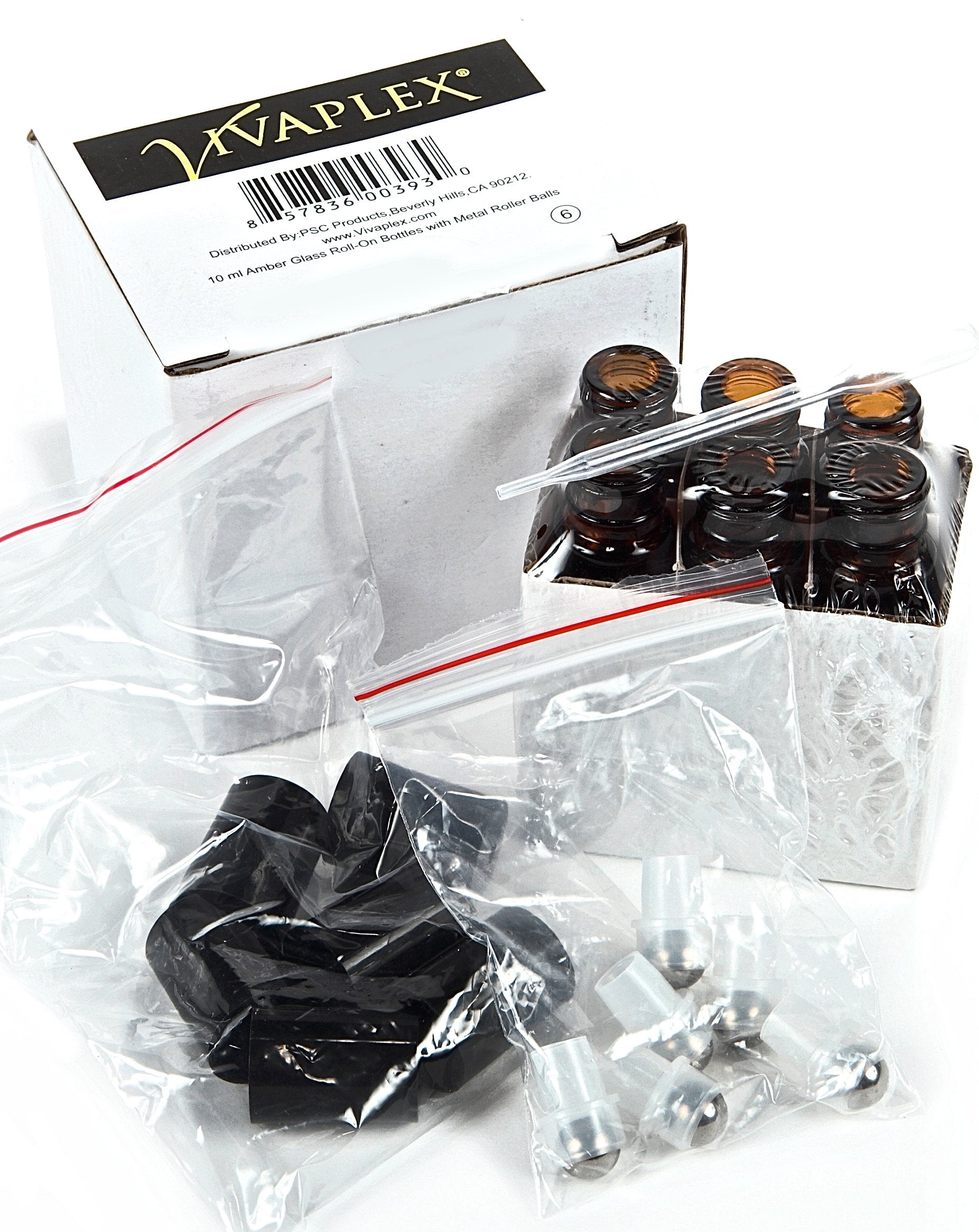 Vivaplex  6  Amber  10 ml Glass Roll-on Bottles with Stainless Steel Roller Balls - .5 ml Dropper included