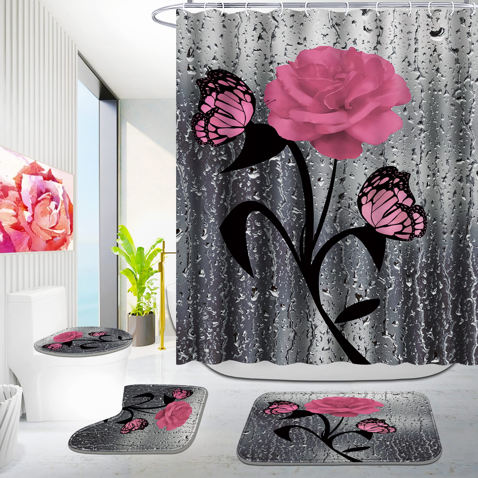 Poedist 4 Pcs Bathroom Set,Pink Rose Shower Curtain Sets, Romantic Shower Curtain Sets With Rugs(Bath Mat,U Shape And Toilet Lid