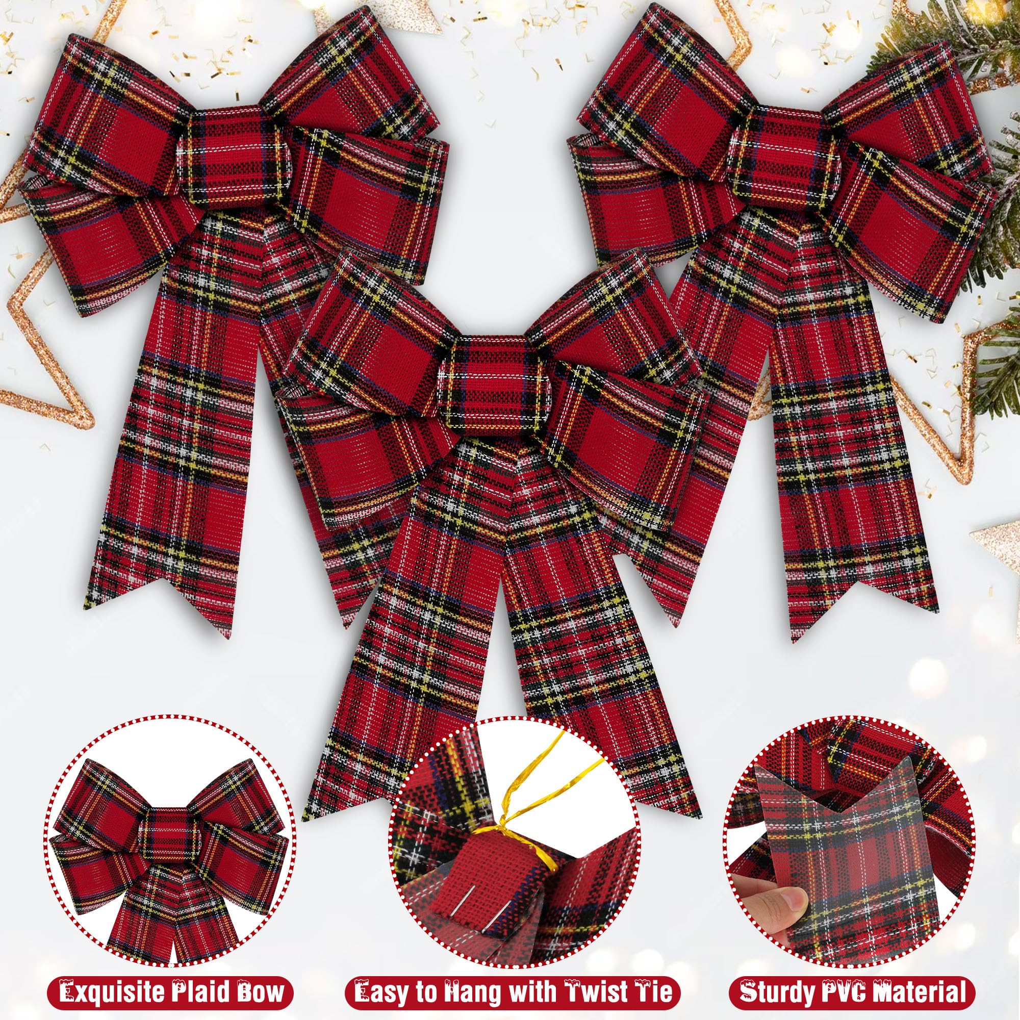 6 PCS Christmas Tree Decor, 9 x 12 Inch Large Christmas Bows, Buffalo Plaid White Black Red Xmas Decor PVC Xmas Decor Indoor Out