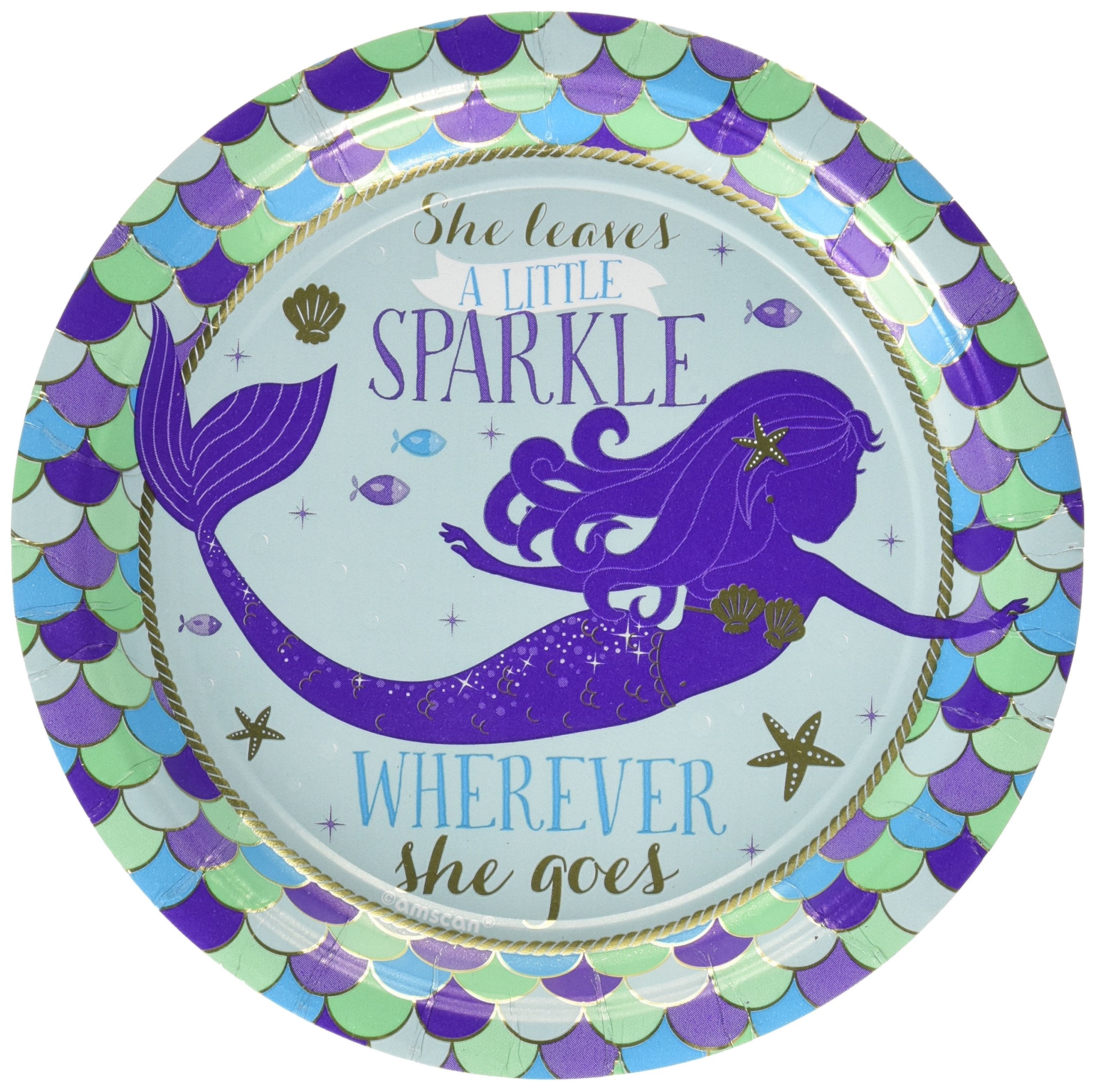 Amscan 541975 Metallic Round Plates | Mermaid Wishes Collection | Birthday | 8 Pcs