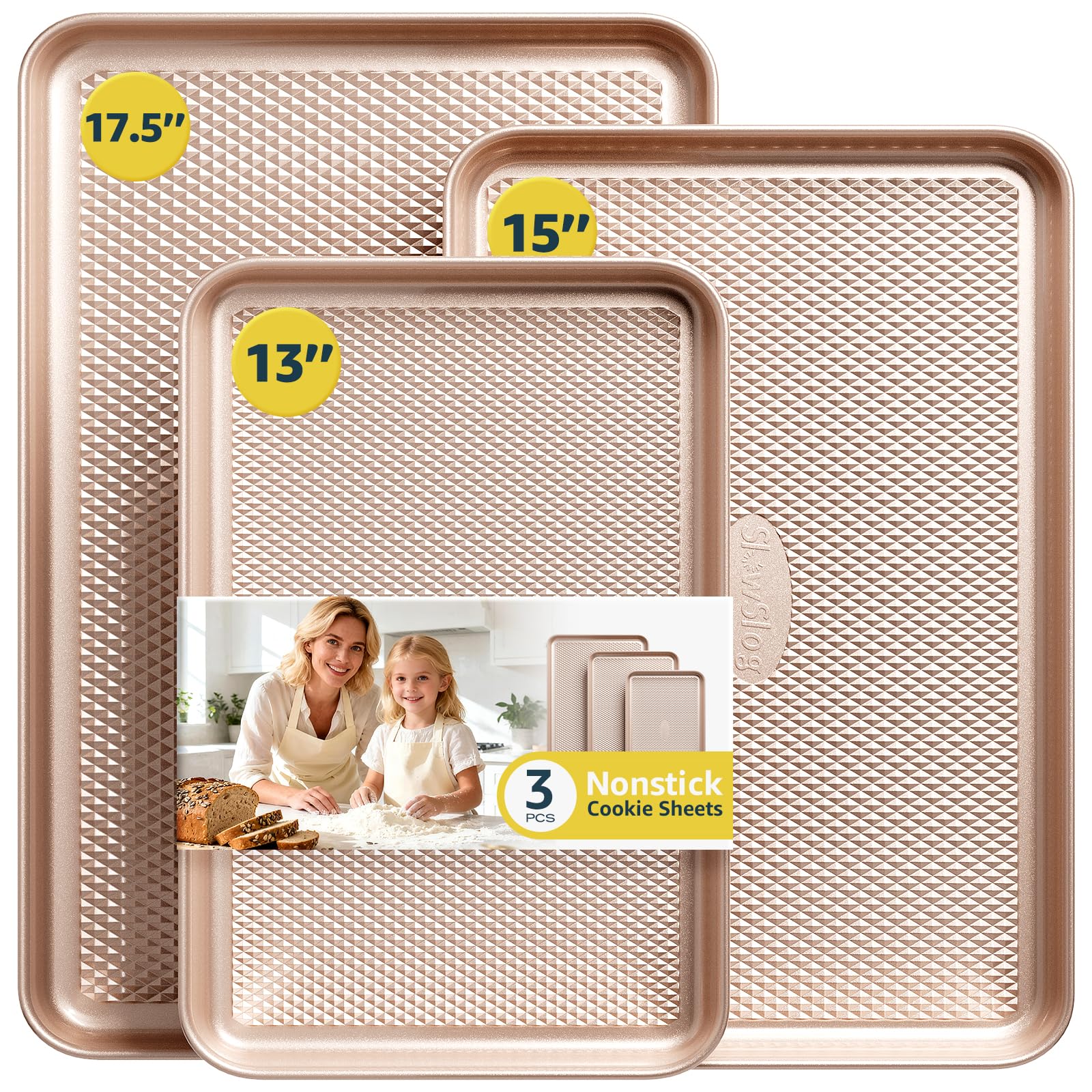Slow Slog 3Pcs Baking Sheet Pan Set, Large Nonstick Cookie Sheets Set, Jelly Roll Pans, Heavy Duty Carbon Steel Cookies Sheet fo