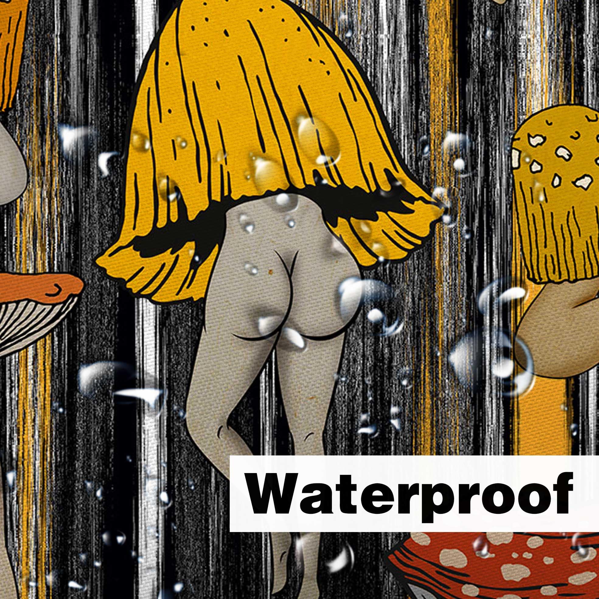 Lacoiime Funny Mushroom Shower Curtain, Cool Black Gold Gray Mushrooms Butt Shower Curtains For Bathroom Cute Fabric 70S Hippie