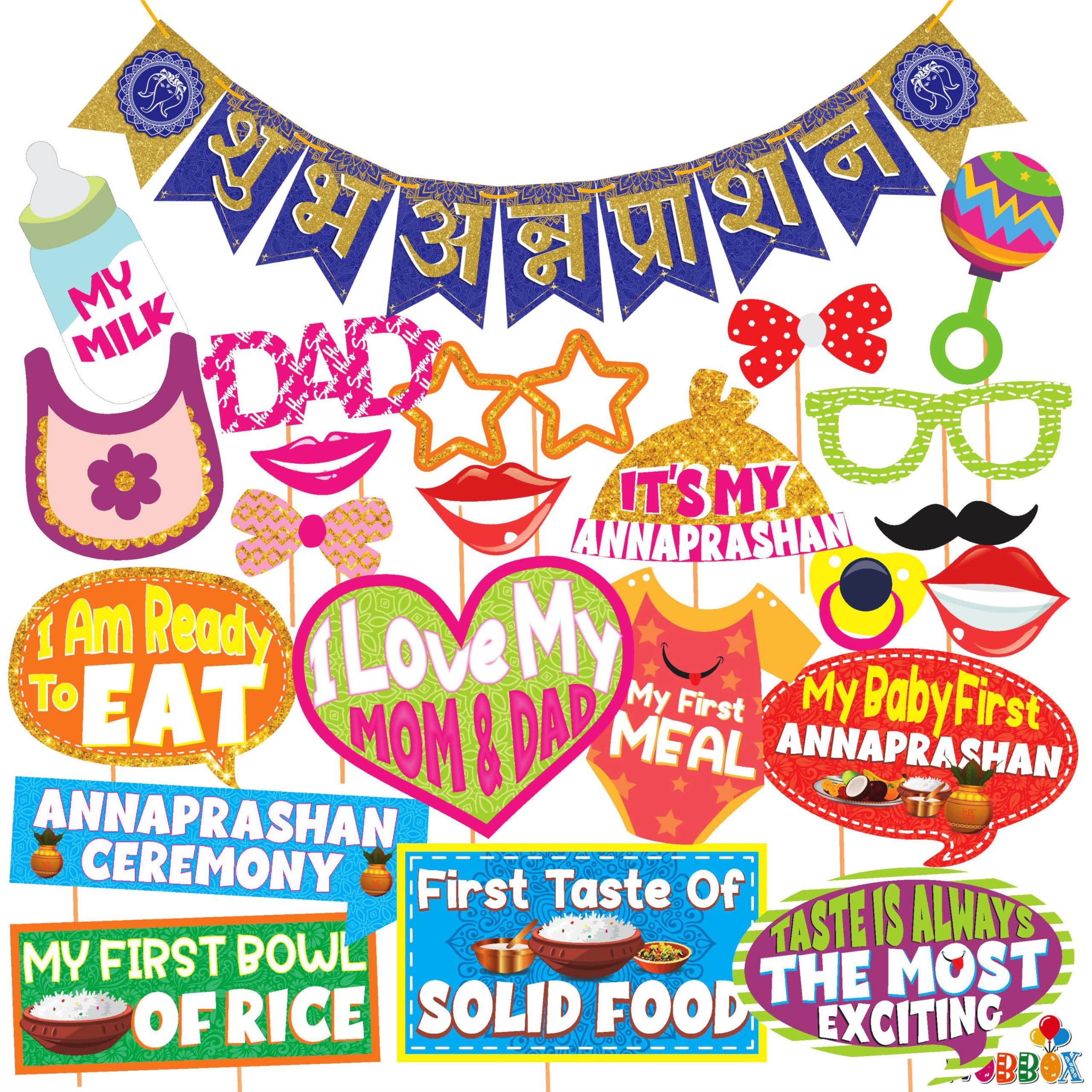 WOBBOX Annaprashan Photo Booth Party Props with Bunting Banner Hindi Font Shubh Annaprashan Dark Blue & Golden Color, Annaprasha