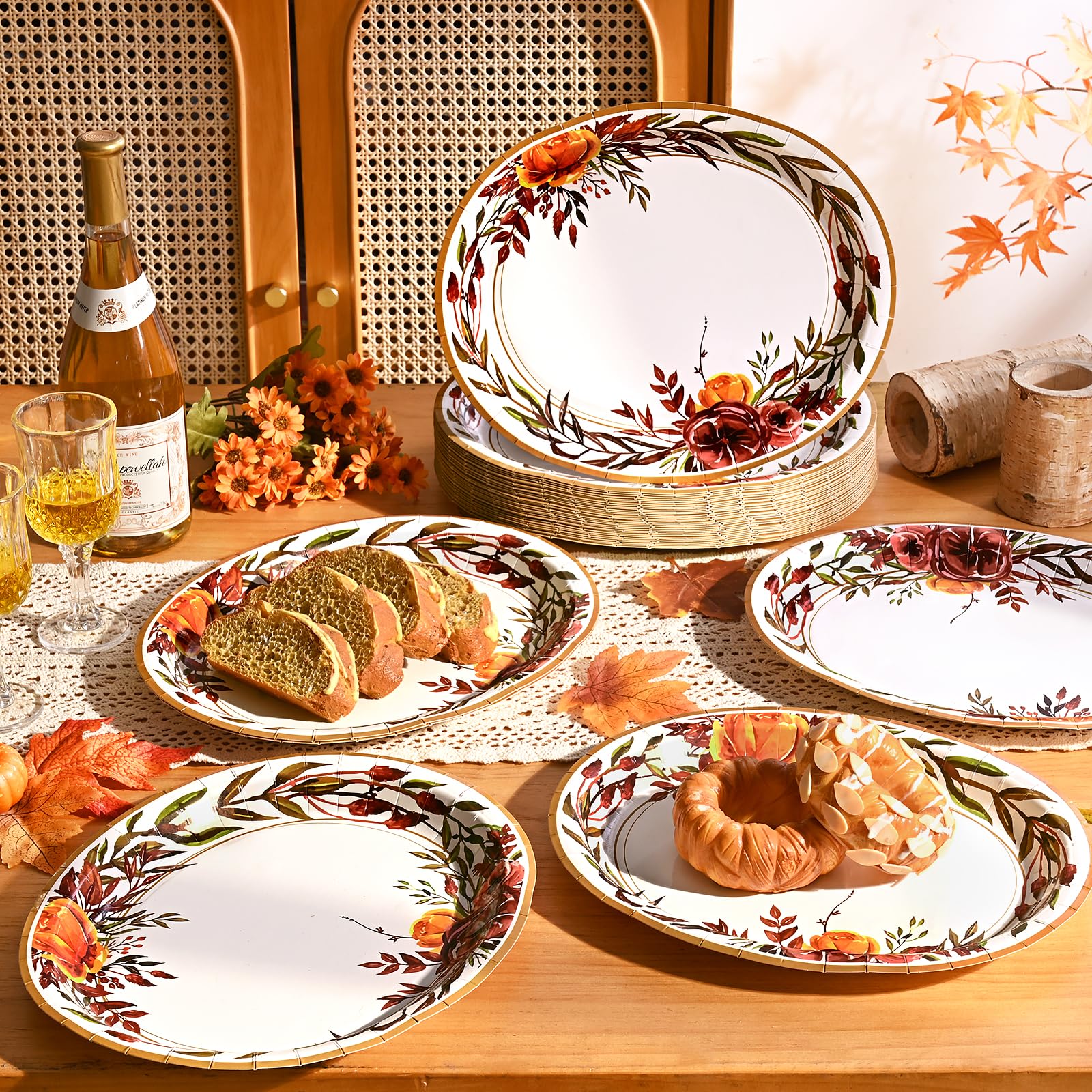 Homlouue 50 PCS 10  12inch Thanksgiving Paper Plates, Autumn Flower Wreath Oval Plate, Fall Paper Plates Disposable for Fall Tha
