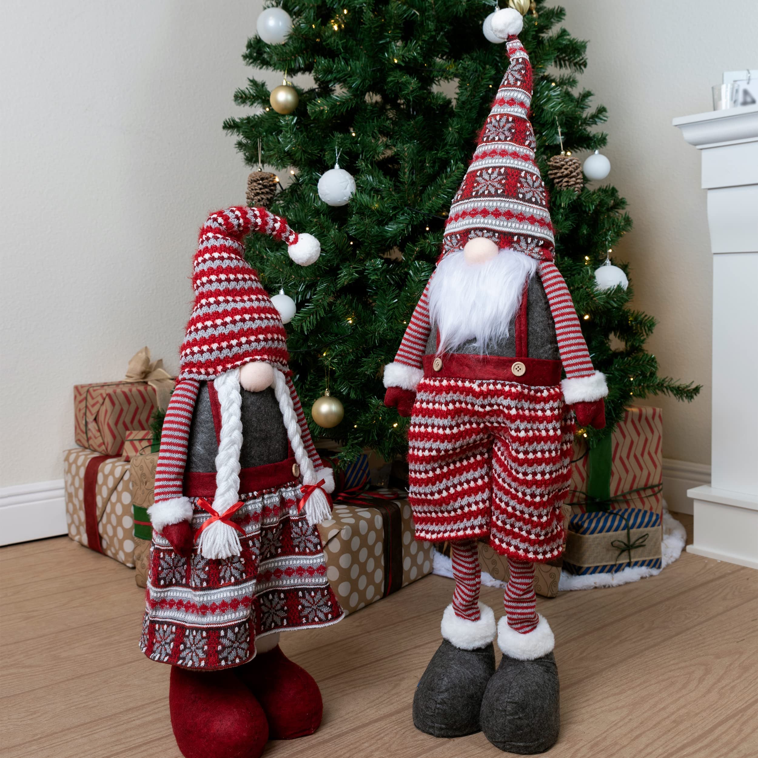 JOYIN 40 Christmas Gnome Standing Couple Decoration Knitting Style with Long Retractable Legs, Tomte Nordic Gnomes Christmas Ind