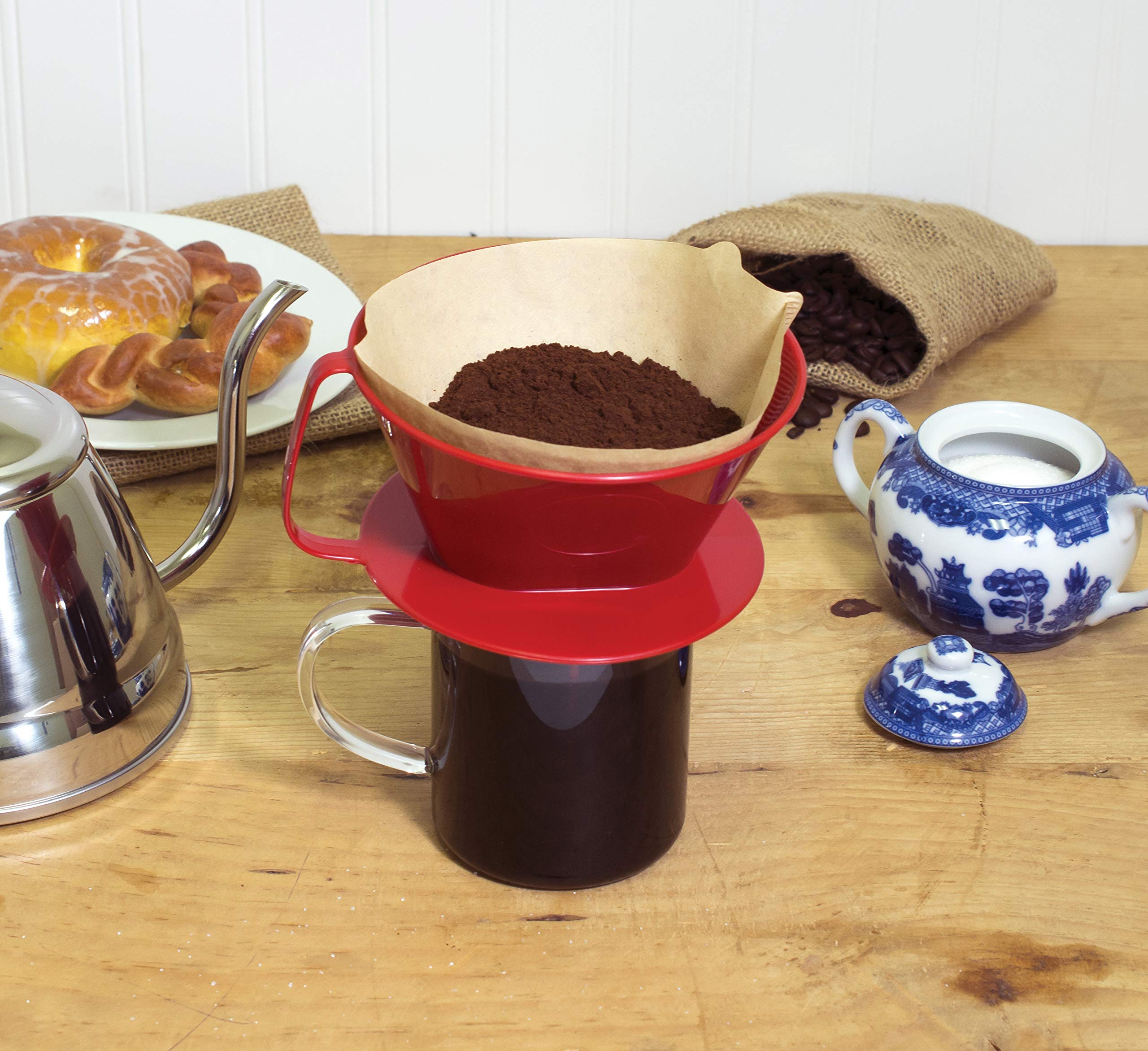 Fino Pour-Over Coffee Brewing Filter Cone, Number 4-Size, Red, Brews 8 To 12-Cups