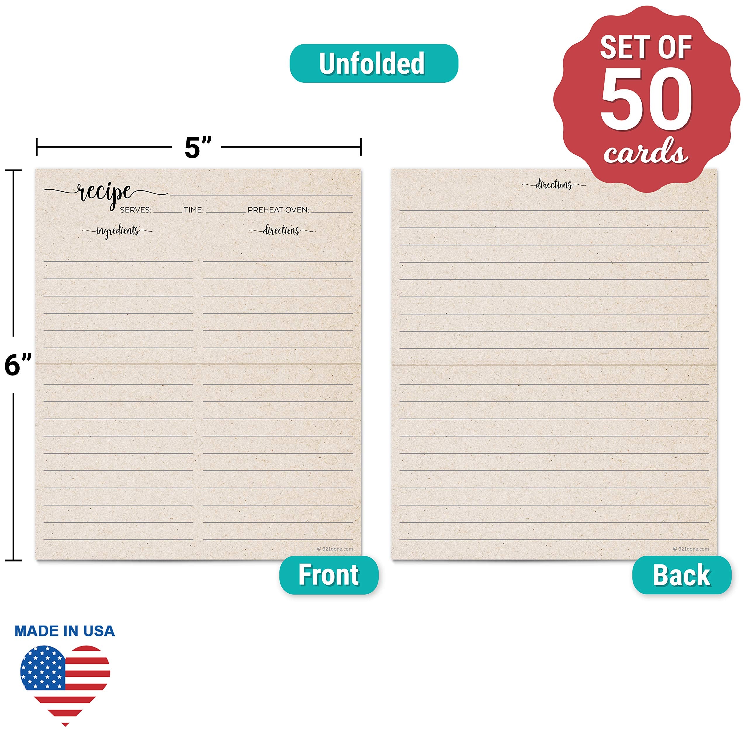 321Done Folding Recipe Cards (Set Of 50) Folds To 3X5 From 6X5 - Rustic Kraft Tan Minimalist - Retro Vintage Luxury Double-Sided