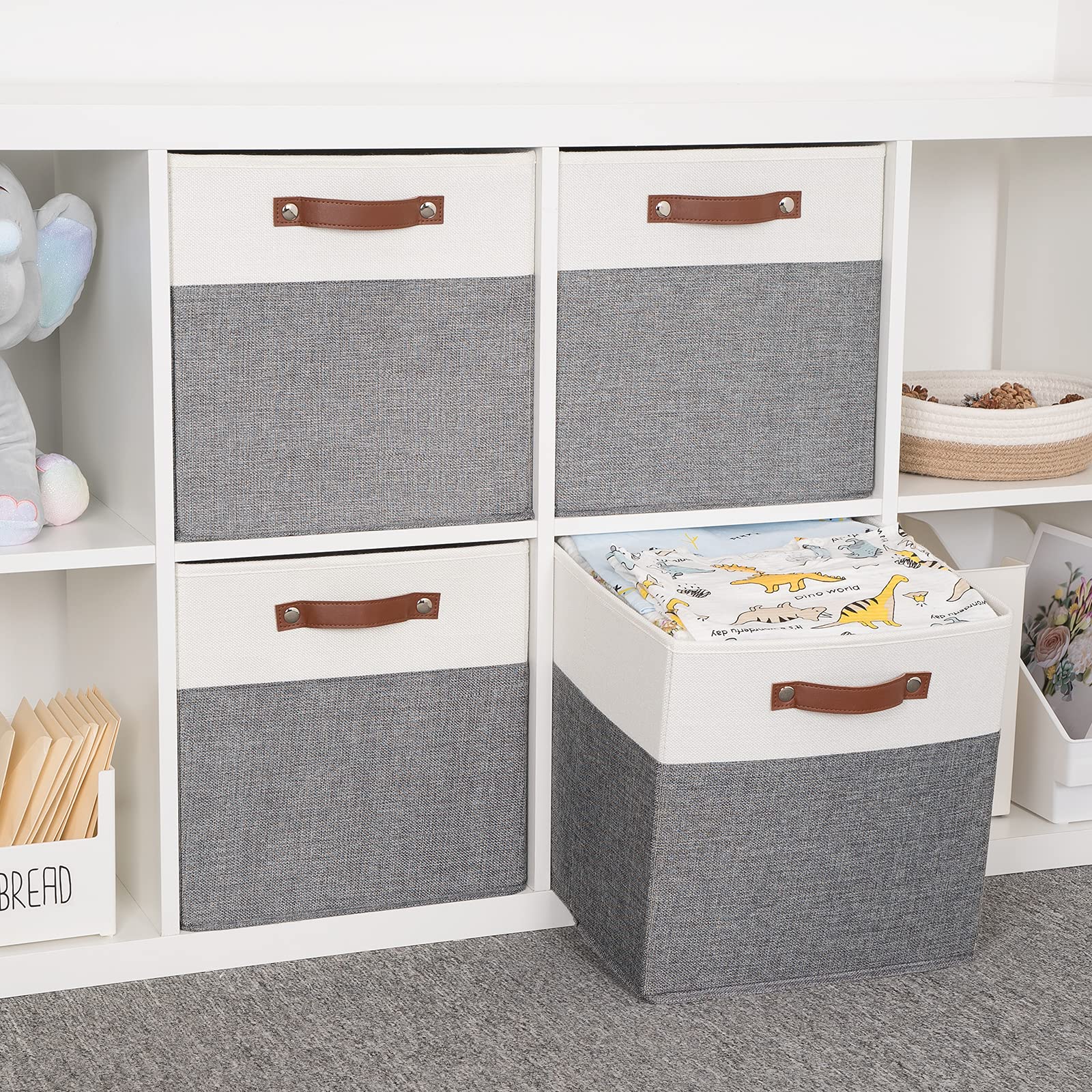 Hnzige Foldable Storage Bins 13X13 Storage Cubes Set Of 4 Fabric Linen Storage Baskets For Shelves Drawer With Handles Organizer