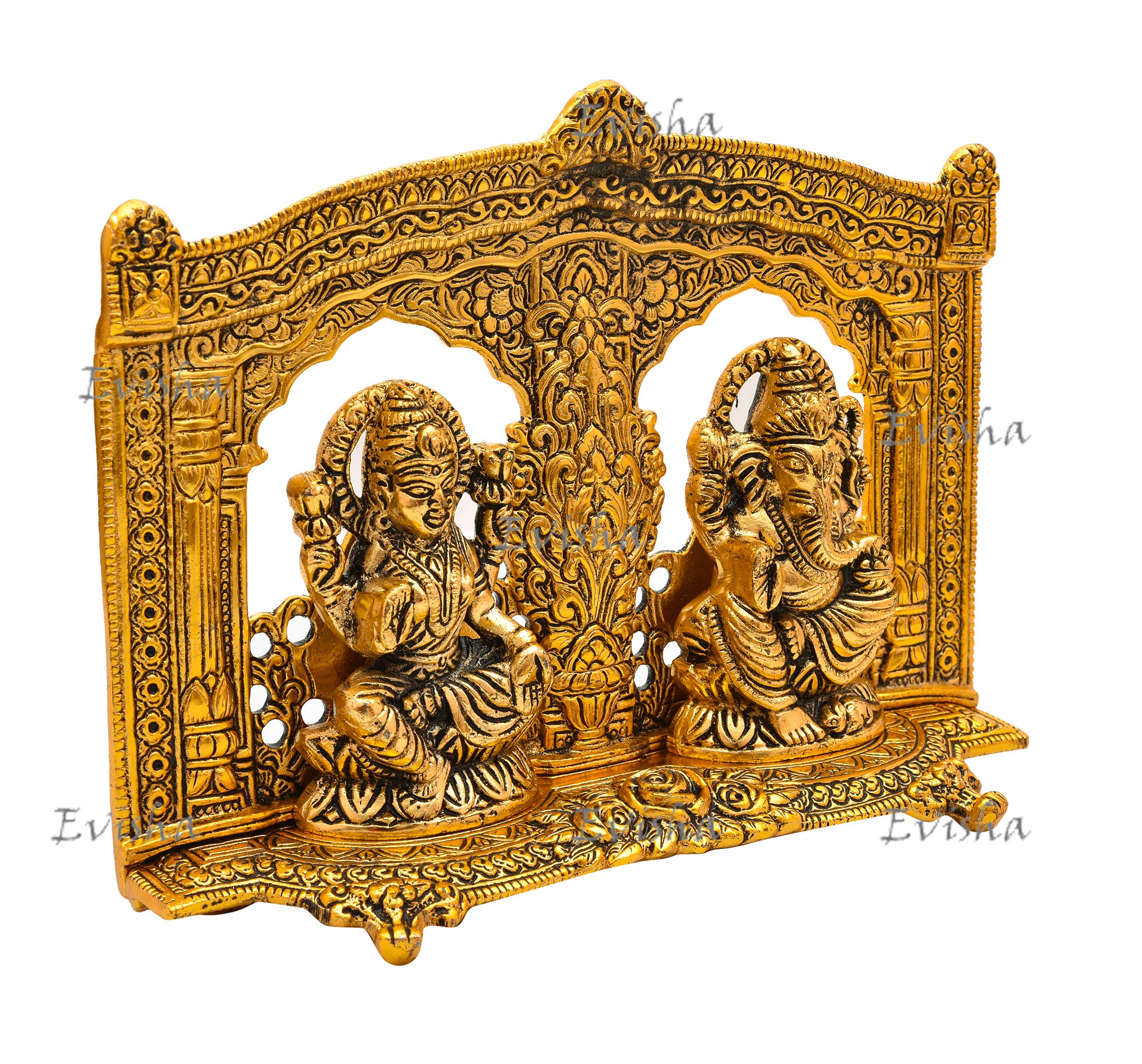 Evisha Golden Brass Lord Lakshmi/Ganesha Laxmi/Ganesh With Heavy Look Back Frame Statue Antique Finish Idols Murti Pooja Temple