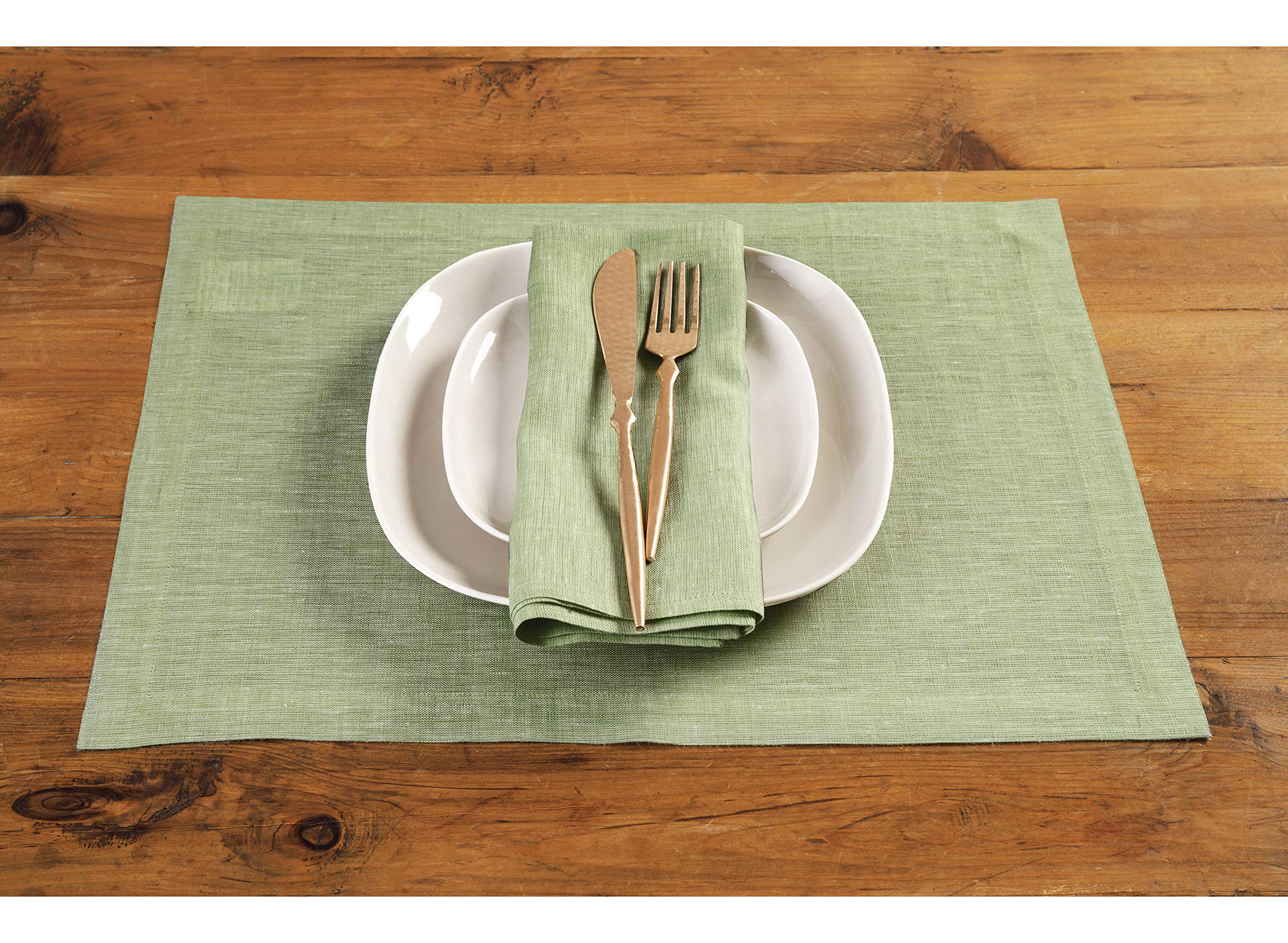 Solino Home Linen Placemats 19'' L X 14'' W Inch - 100% Pure Linen Chambray Green Cloth Placemats Set Of 4 - Athena, Washable Fa