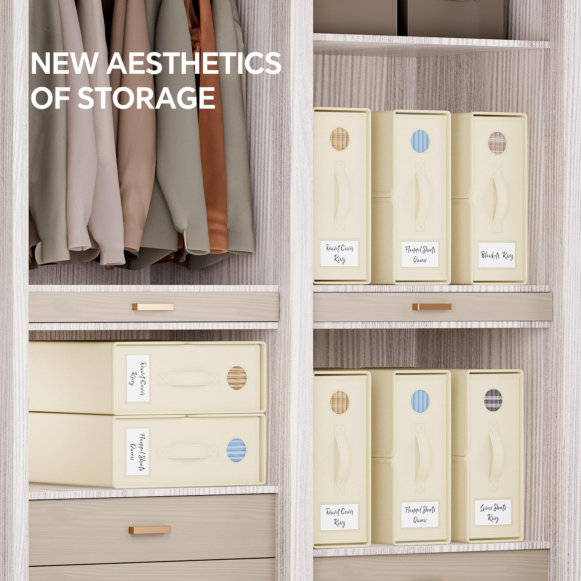 TRZZ Sheet Organizers and Storage, 4-Pack, Queen/King Size (Beige), Foldable Sheet Set Organizer, Fabric Storage Bins for Bed Sh