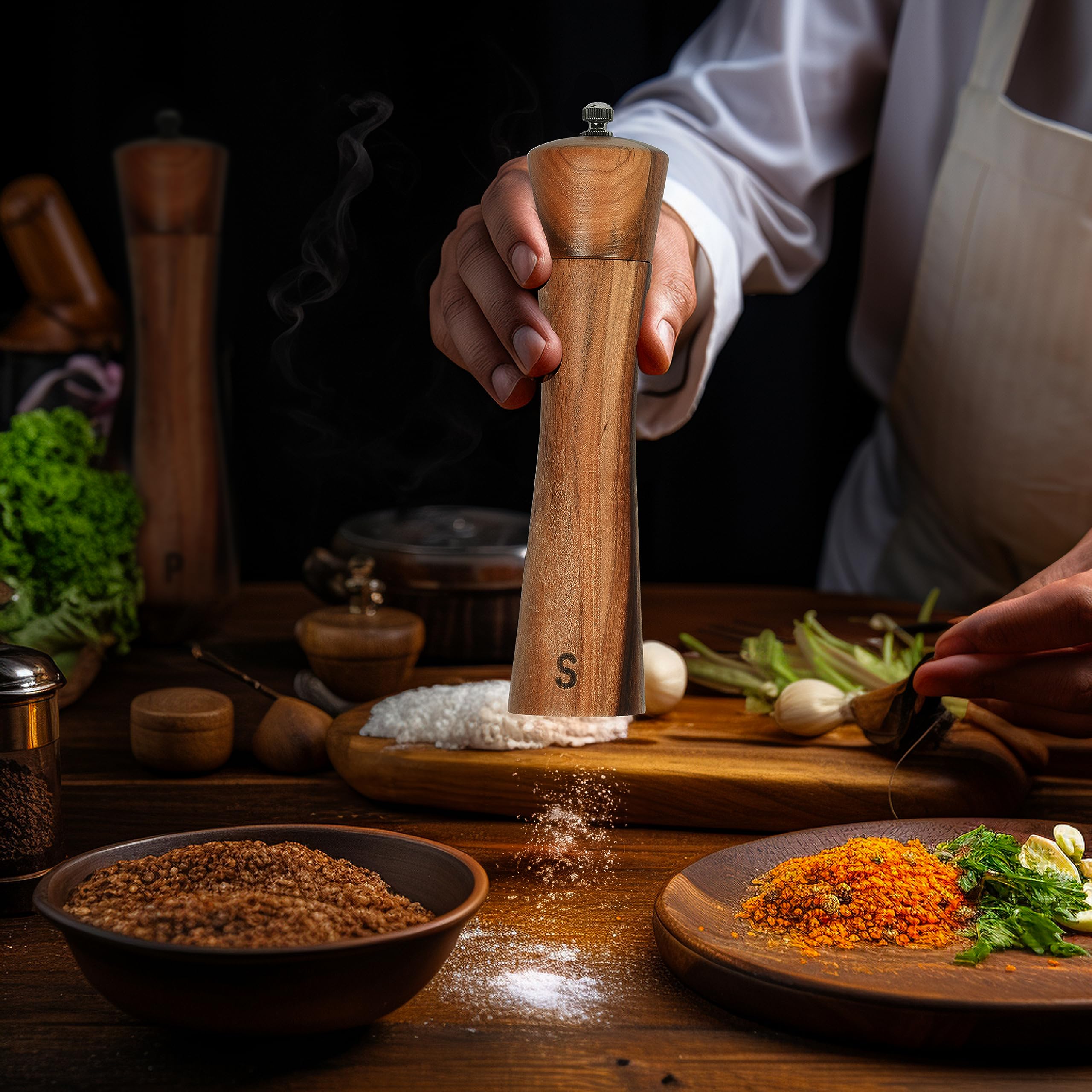 Finnhomy Salt And Pepper Grinder Set, Acacia Wood Adjustable Coarseness Pepper Mill With Wooden Stand, Cleaning Brush & Spoon, P