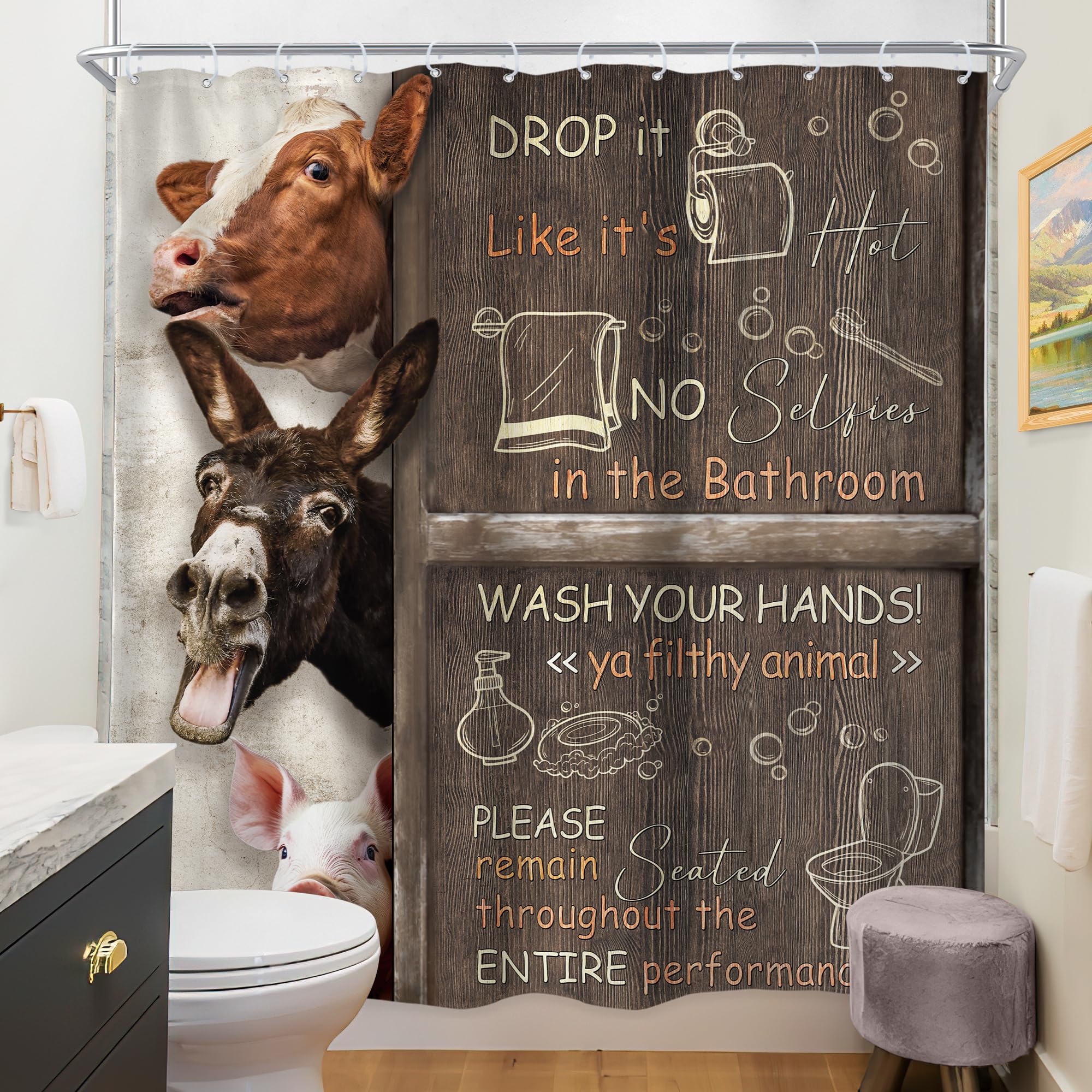 Riyidecor Funny Cow Shower Curtain 72Wx72H Inch Bathroom Rules Farmhouse Animal Donkey Pig Rustic Wooden Board Wildlife Country
