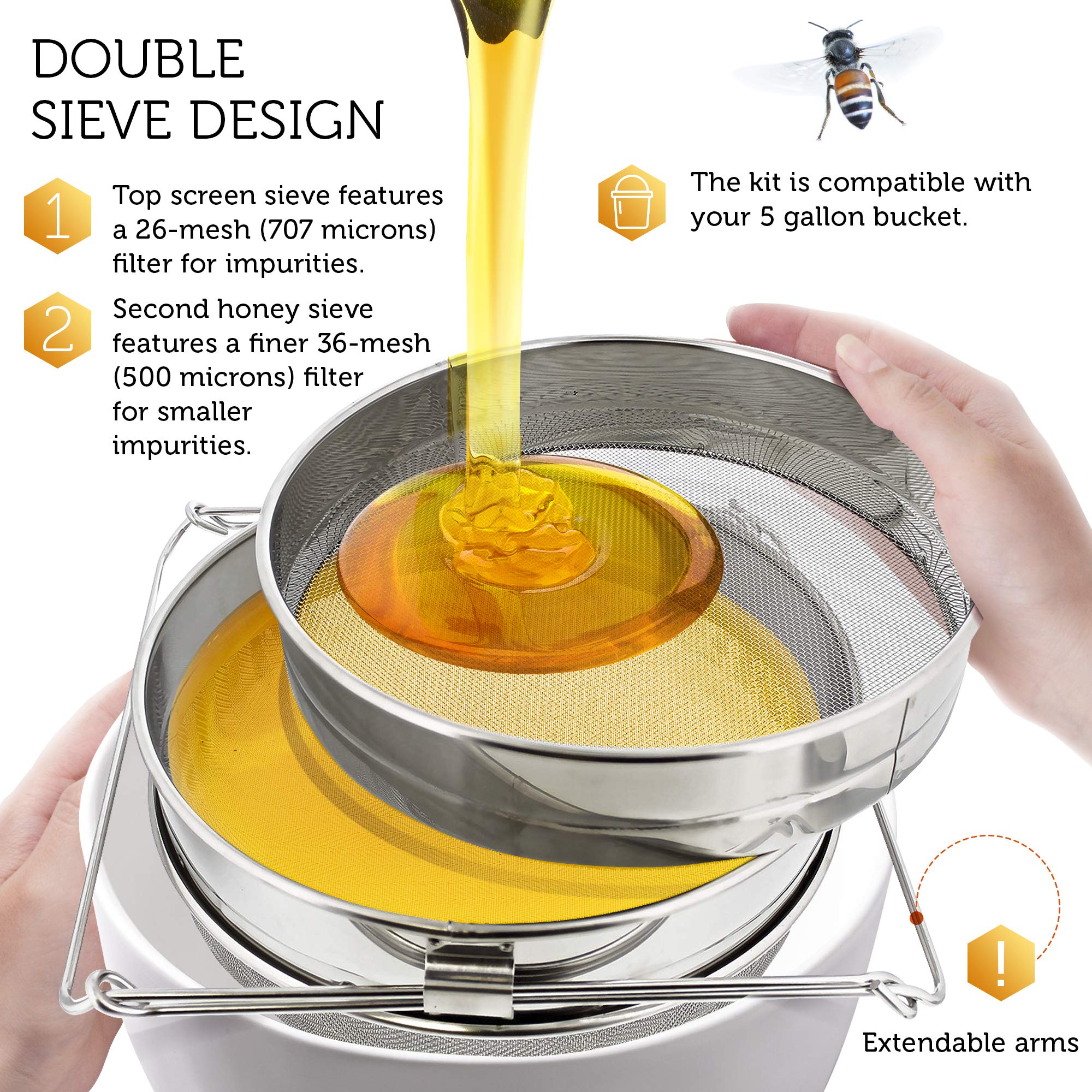 Rural365 Honey Filter, 2 Piece - Honey Extractor Equipment, Honey Bucket Strainer Honey Extractor Stainless Steel Sieve