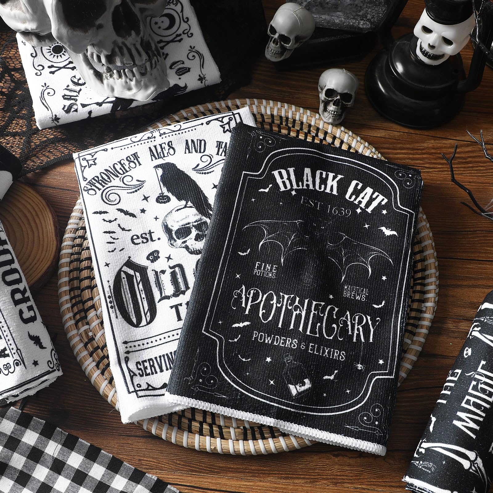 Ganeen 6 Pcs Halloween Kitchen Towels The Undead Gothic Art Dishtowels Set Halloween Skull Tea Skull Gifts Tarot Hand Towels for