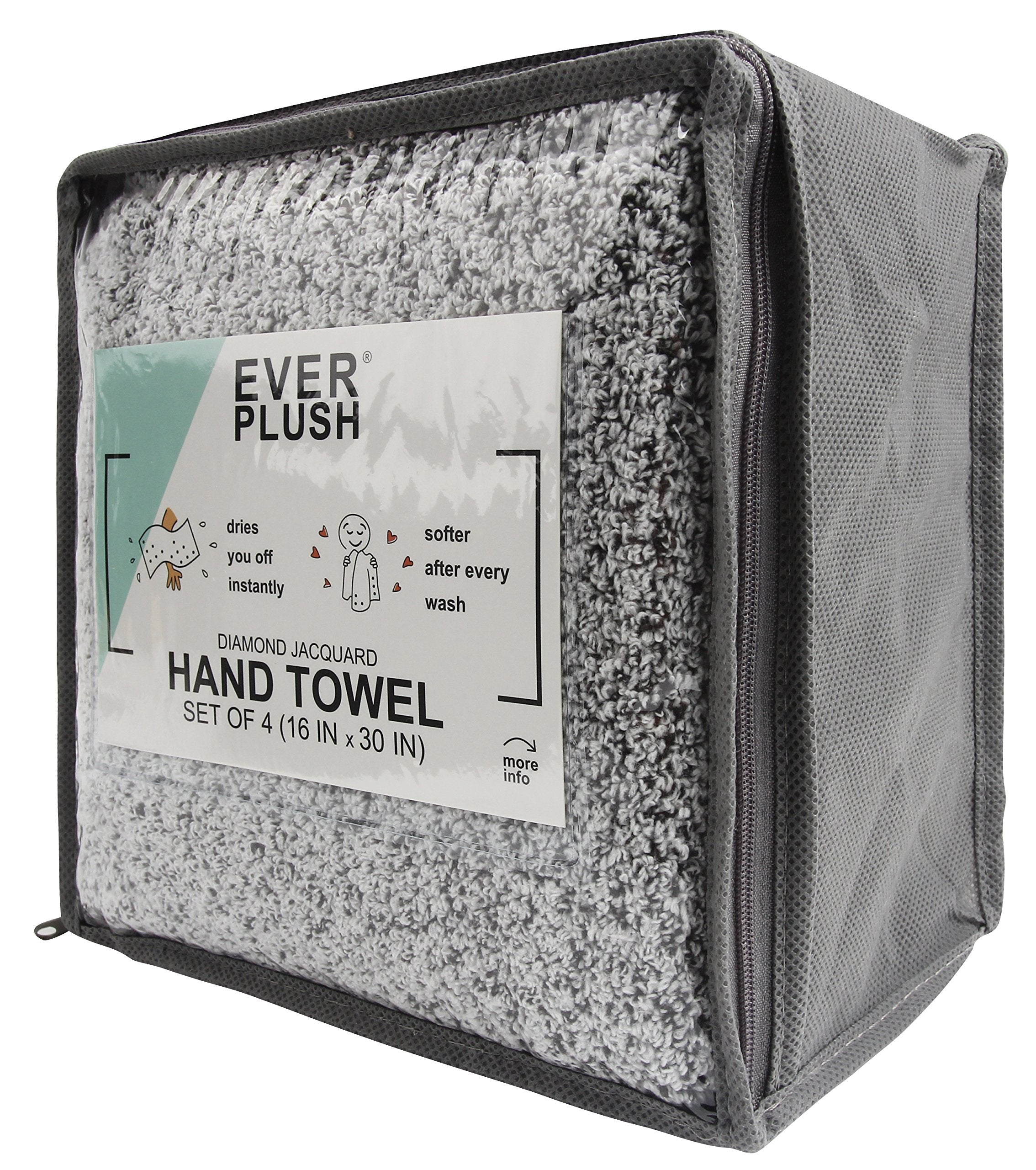Everplush Diamond Jacquard Quick Dry Hand Towel Set  4 x (16 x 30 in)  Grey  4 Count
