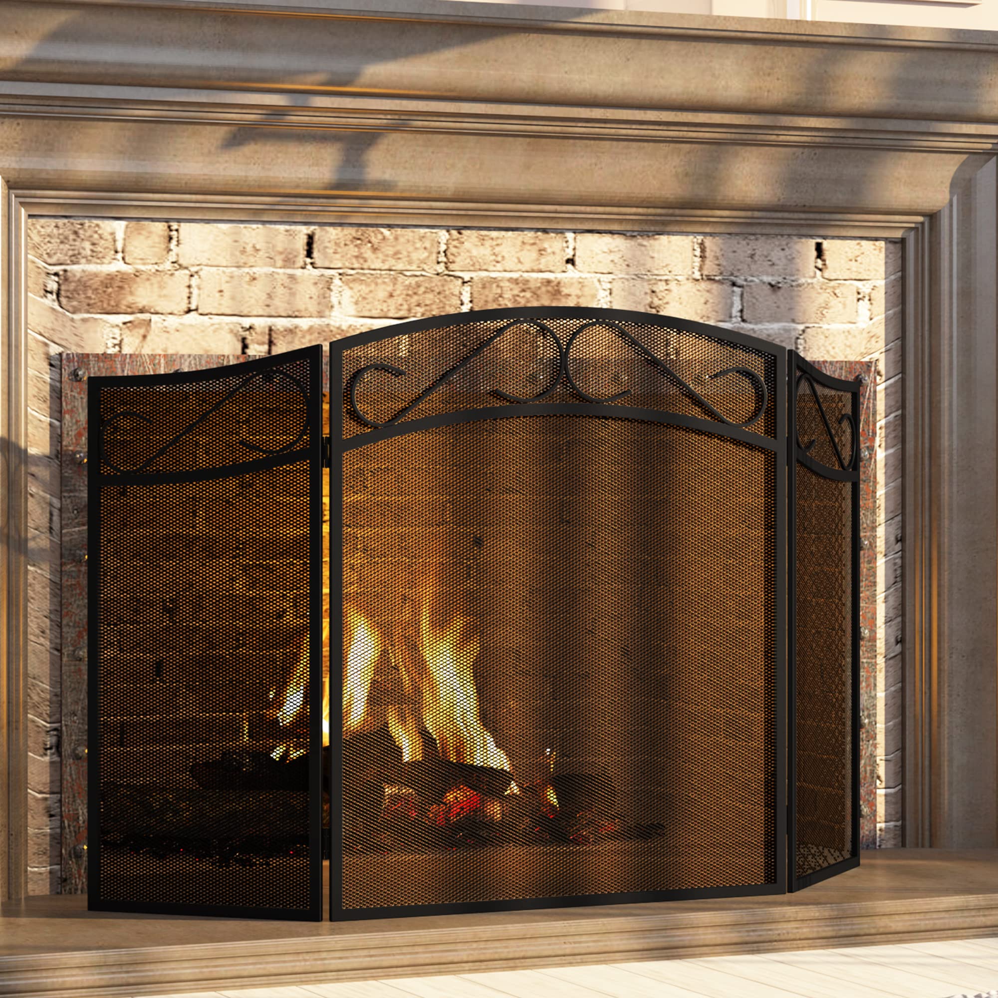 Fire Beauty Fireplace Screen For Wood Burning Fireplace Foldable 3 Panel Wrought Iron Fireplace Cover With Protective Mesh Fire