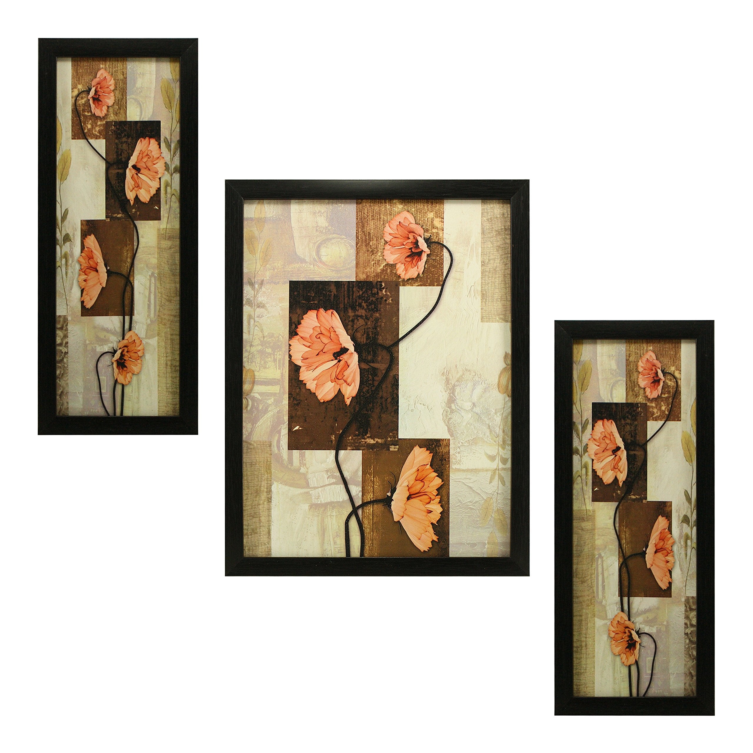 Indianara 3 Pc Set Of Floral Paintings (1057) Without Glass 5.2 X 12.5, 9.5 X 12.5, 5.2 X 12.5 Inch(Multicolor1057)