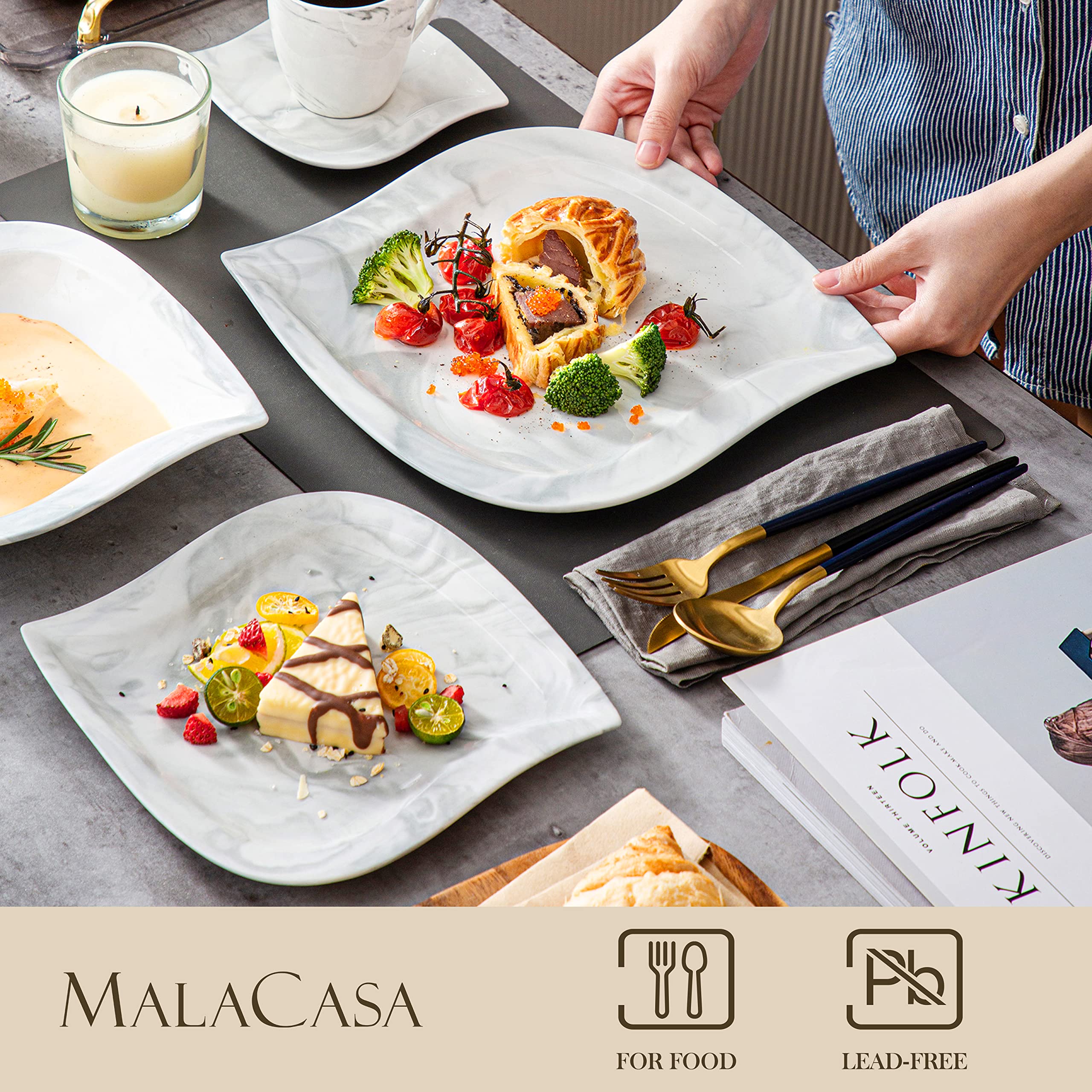 MALACASA Dinnerware Sets for 6, 30 Piece Porcelain Plates and Bowls Sets, Marble Dish Set with Plates and Bowls, Cup and Saucer,