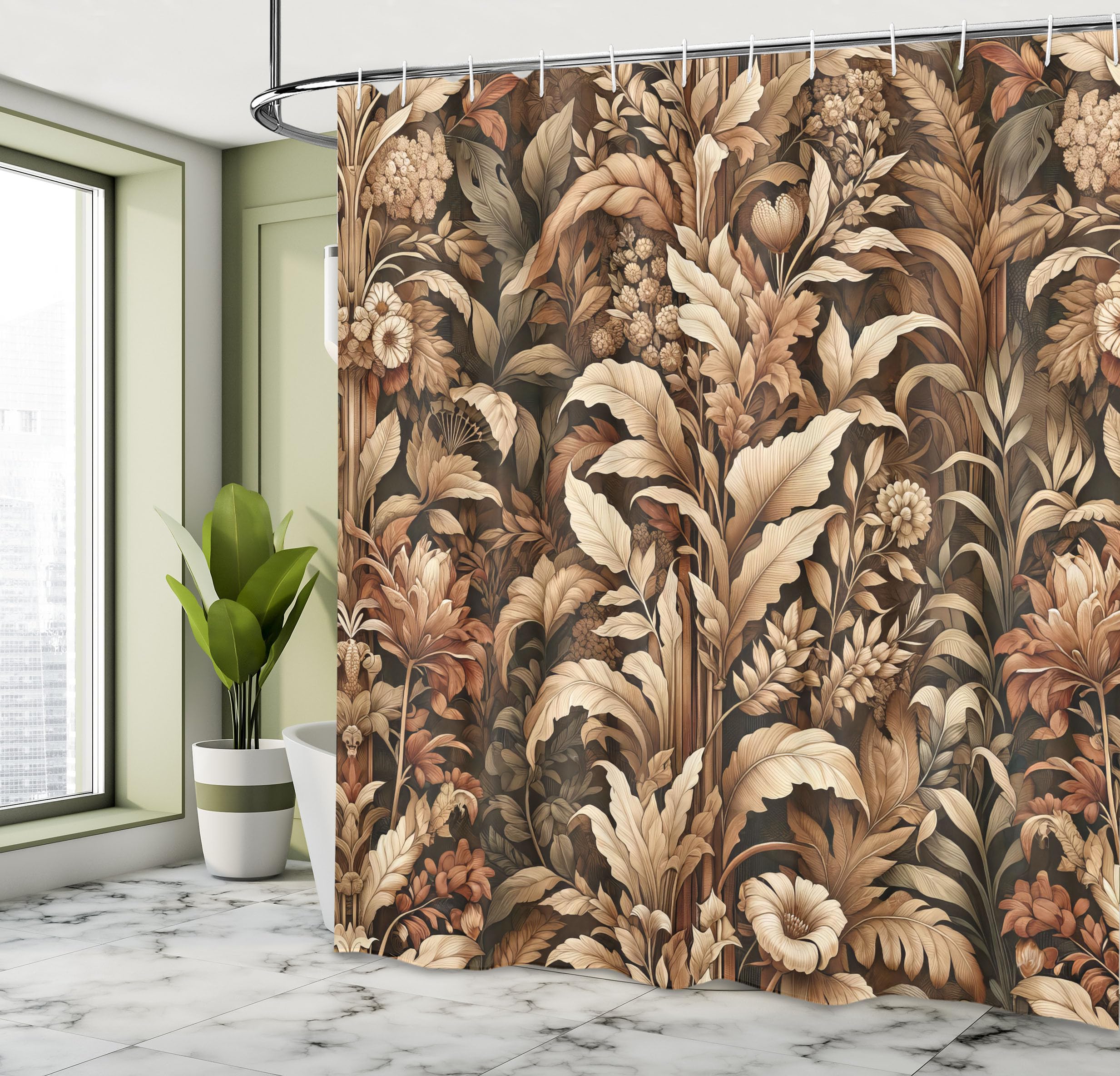 Ambesonne Brown Shower Curtain, Fall Flourishing Earthy Colors Of Vintage Botanical Bloom Flowers Leaves, Cloth Fabric Bathroom