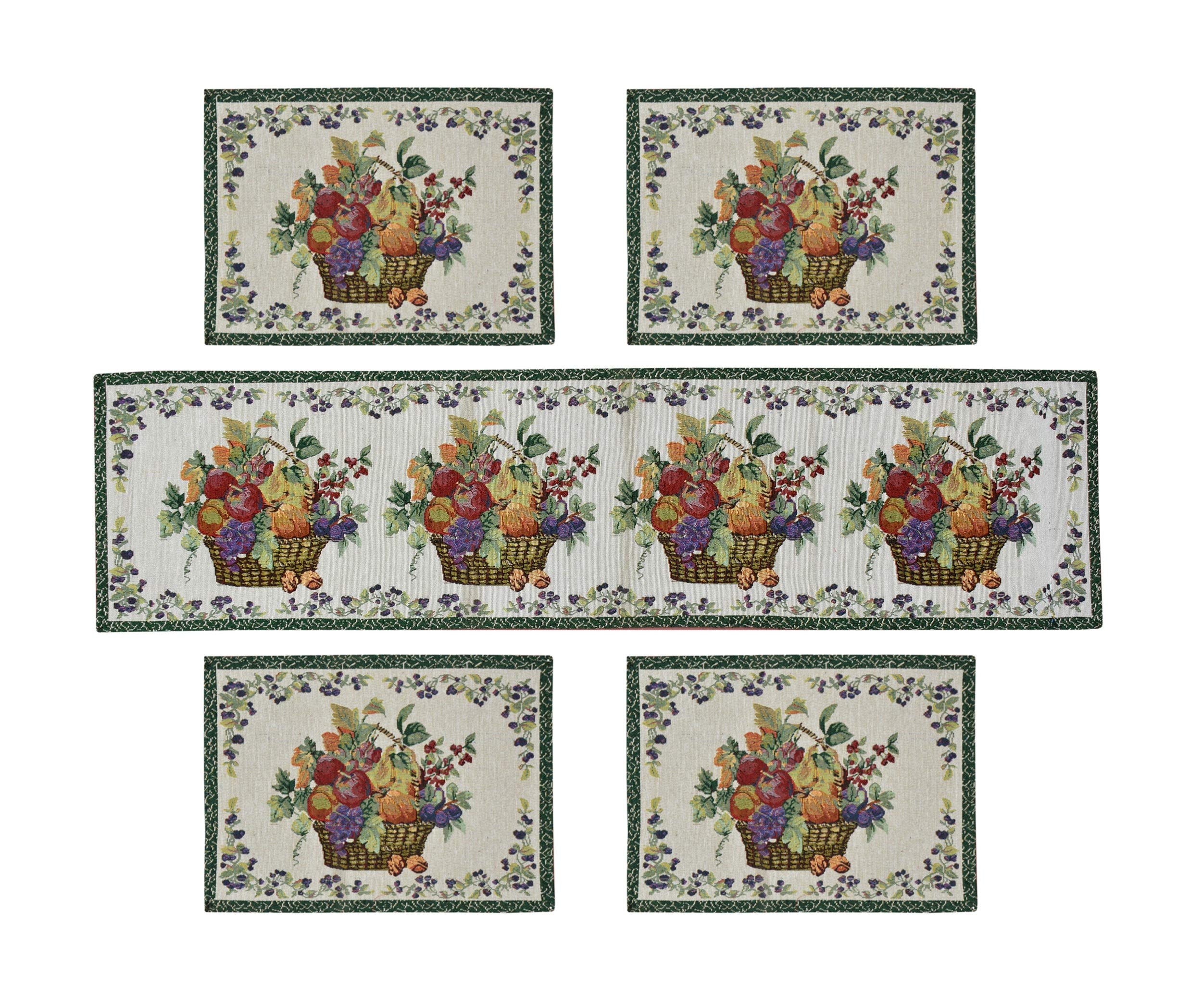 Galaxy Home Decor Washable Cotton Linen Jacquard Fabric Rectangular Dining Table Table Mats , 4 Pieces with Runner (Basket Desig