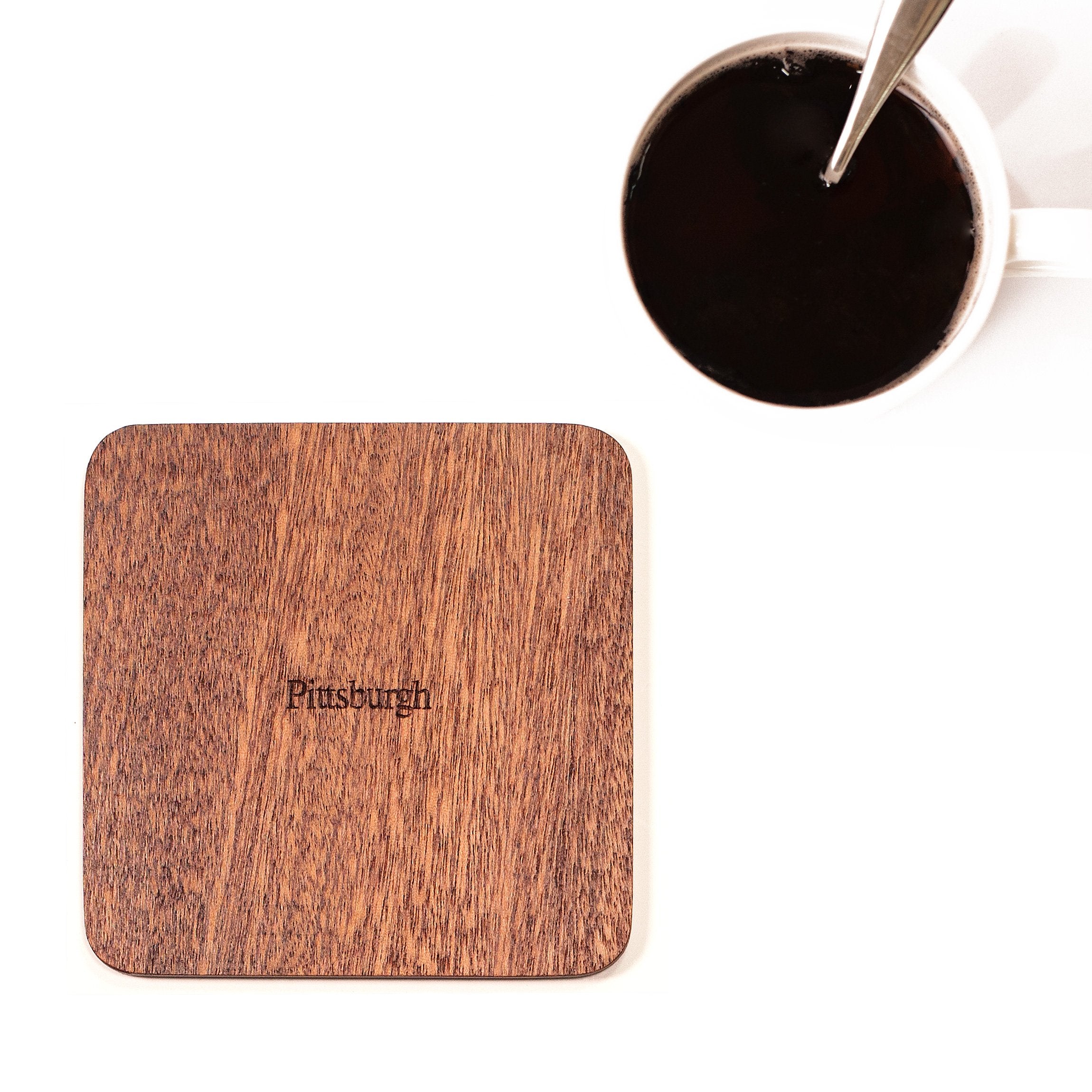 Pittsburgh Map Coaster By O3 Design Studio, Set Of 4, Sapele Wooden Coaster With City Map, Handmade