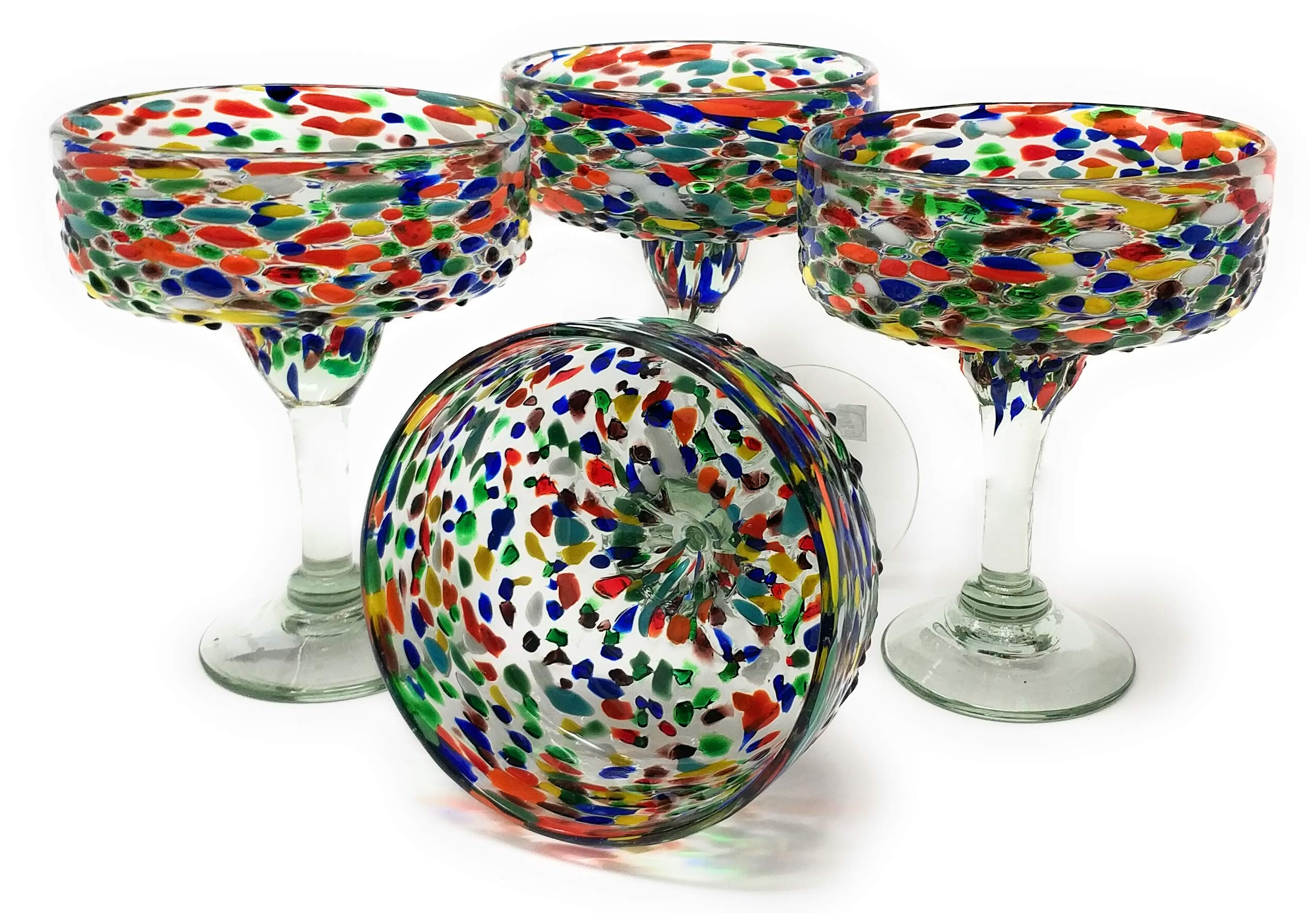 Dos Sueos Mexican Hand Blown Glass - Set of 4 Hand Blown Margarita Glasses Confetti Rock (16 oz) 