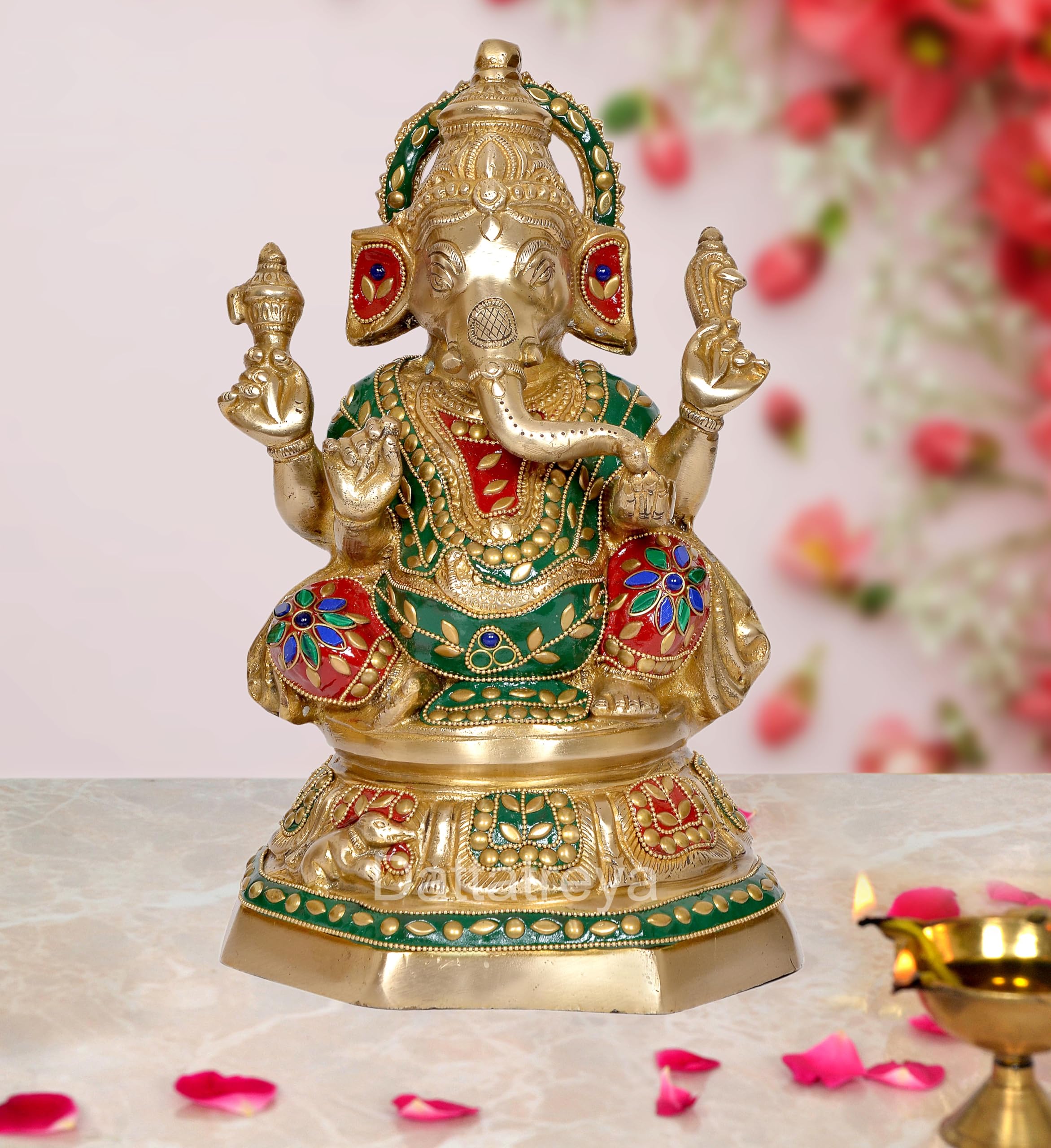 Dattatreya Brass Ganesh Statue - Handcrafted Lord Ganesha Idol For Home Decor And Pooja - Hindu God Ganapati Figurine (Height 11