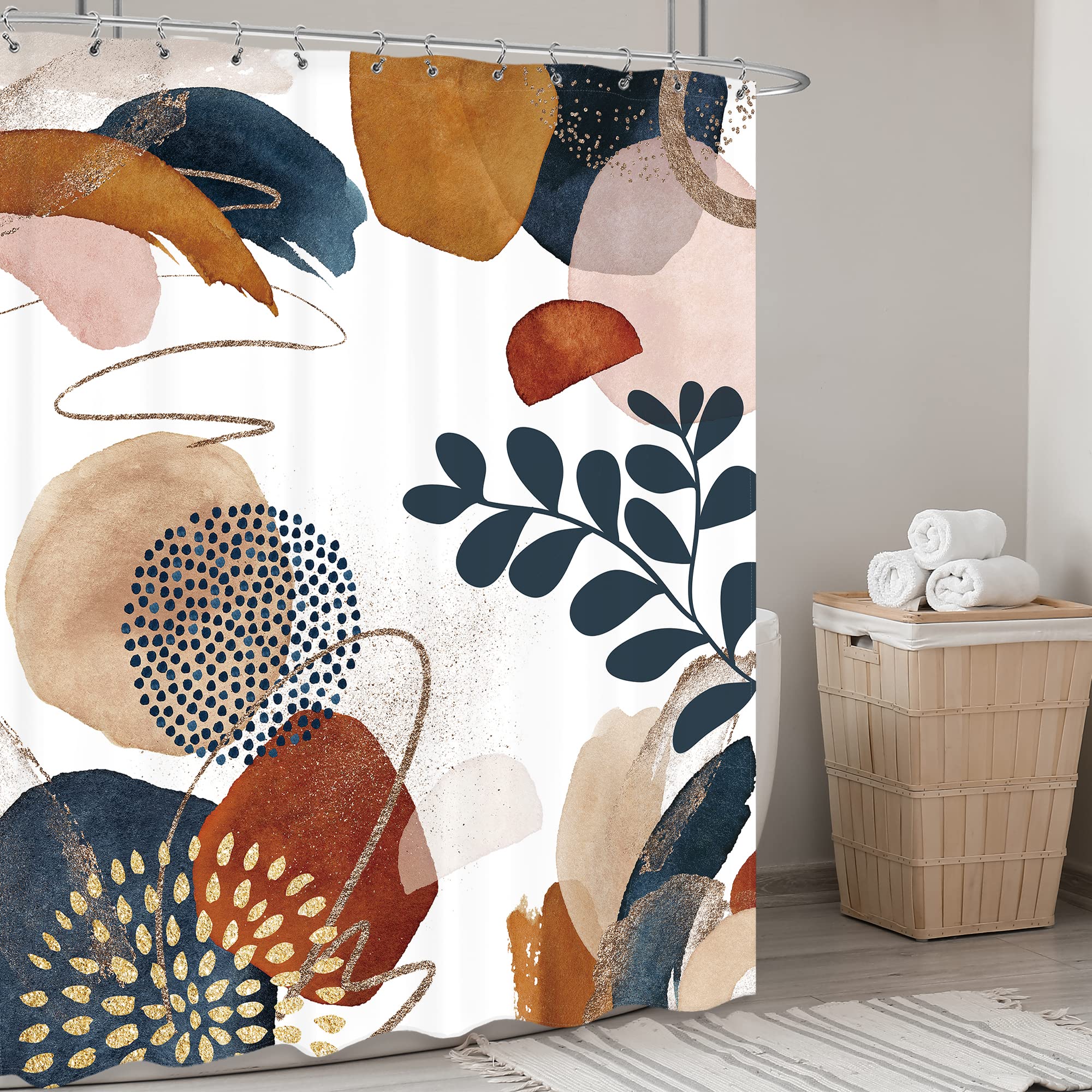 LIGHTINHOME Abstract Boho Mid Century Shower Curtain 72Wx84H Inches Navy Blue Gold Colorful Modern Geometric Leaves Plant Neutral Minimalist Cloth Fabric Polyester Bathroom Home Decor Set with Hooks