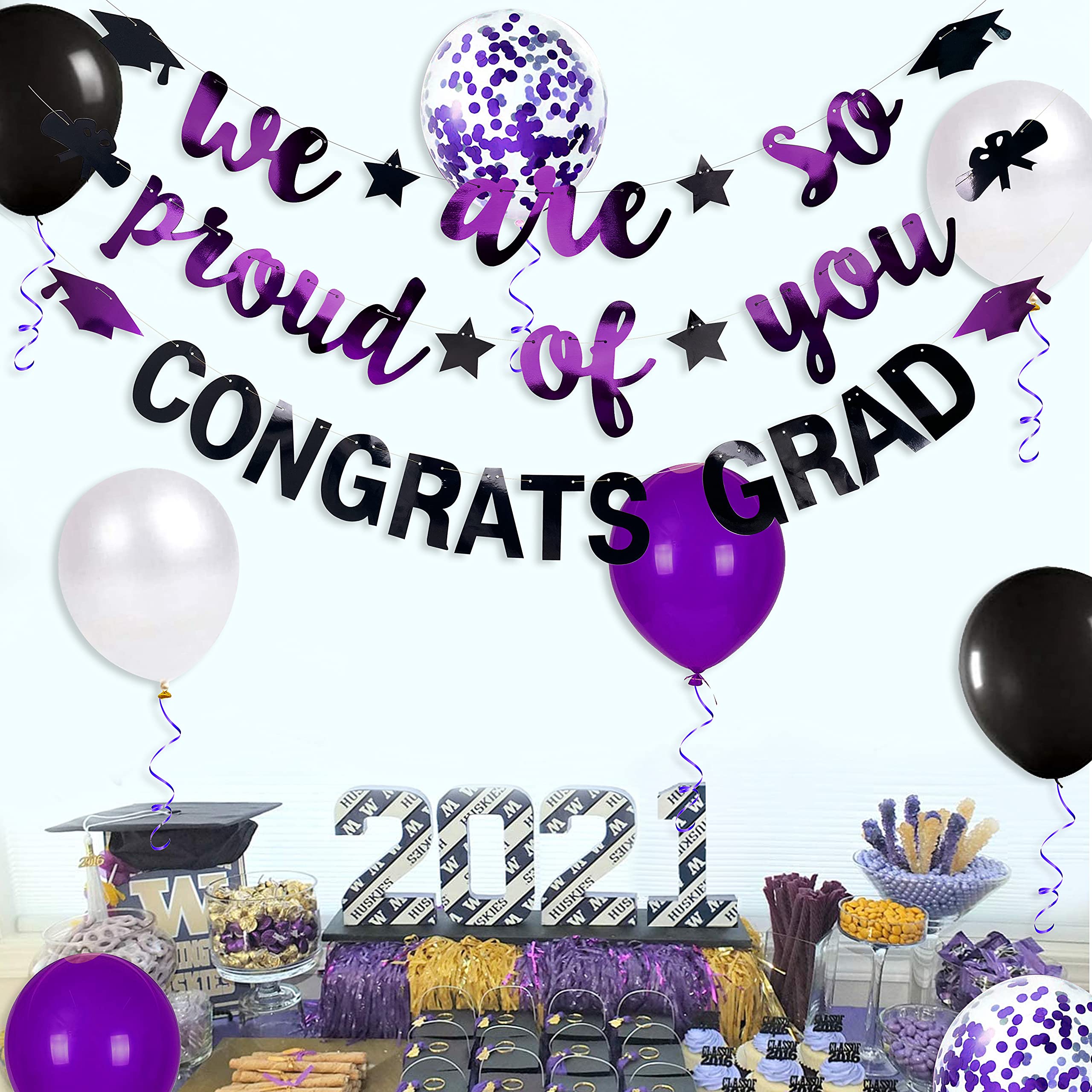 Purple Black 2024 Graduation Party Decorations We Are So Proud Of You Congrats Grad Graduation Banner Graduation Cap Diploma Sta