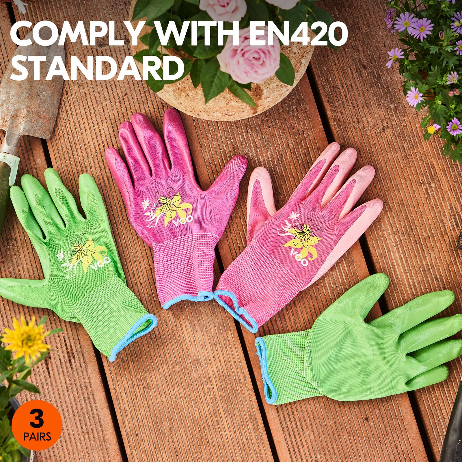 Vgo 3Pairs Ladies Nitrile Coating Gardening And Work Gloves (Size S, Green  Pink  Purple, Nt2110)