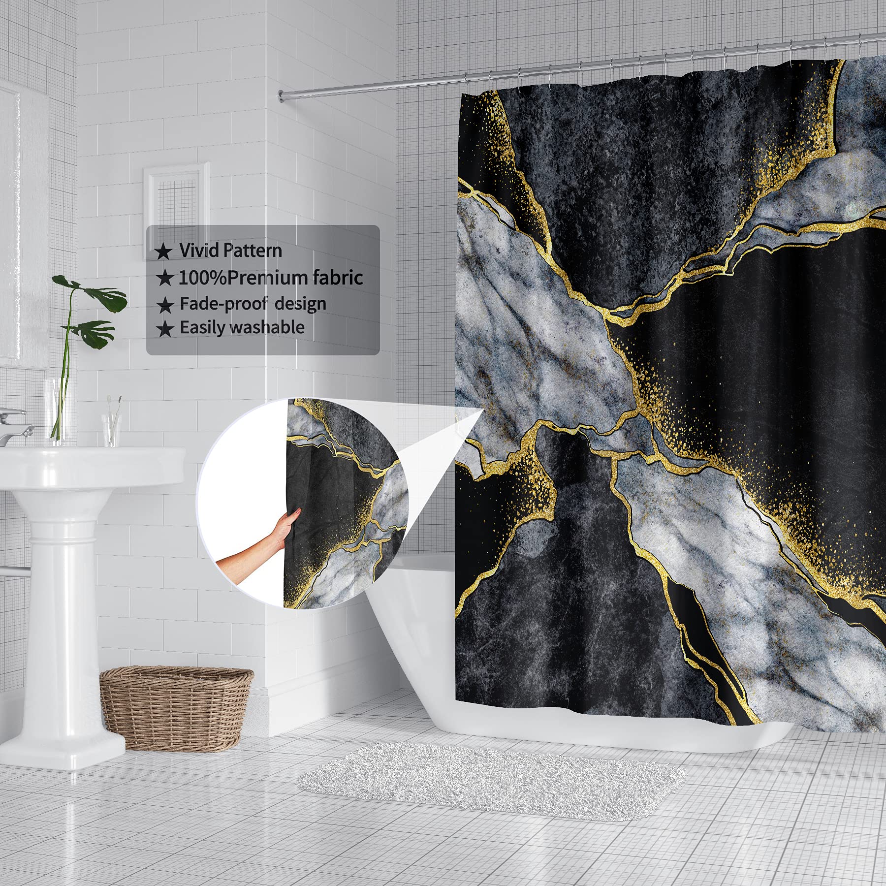 Domoku Black Gold Marble Shower Curtain Black Golden Cracked Lines Abstract Modern Shower Curtain for Bathroom Decor Waterproof Texture Washable Fabric Shower Curtain 72 X 72