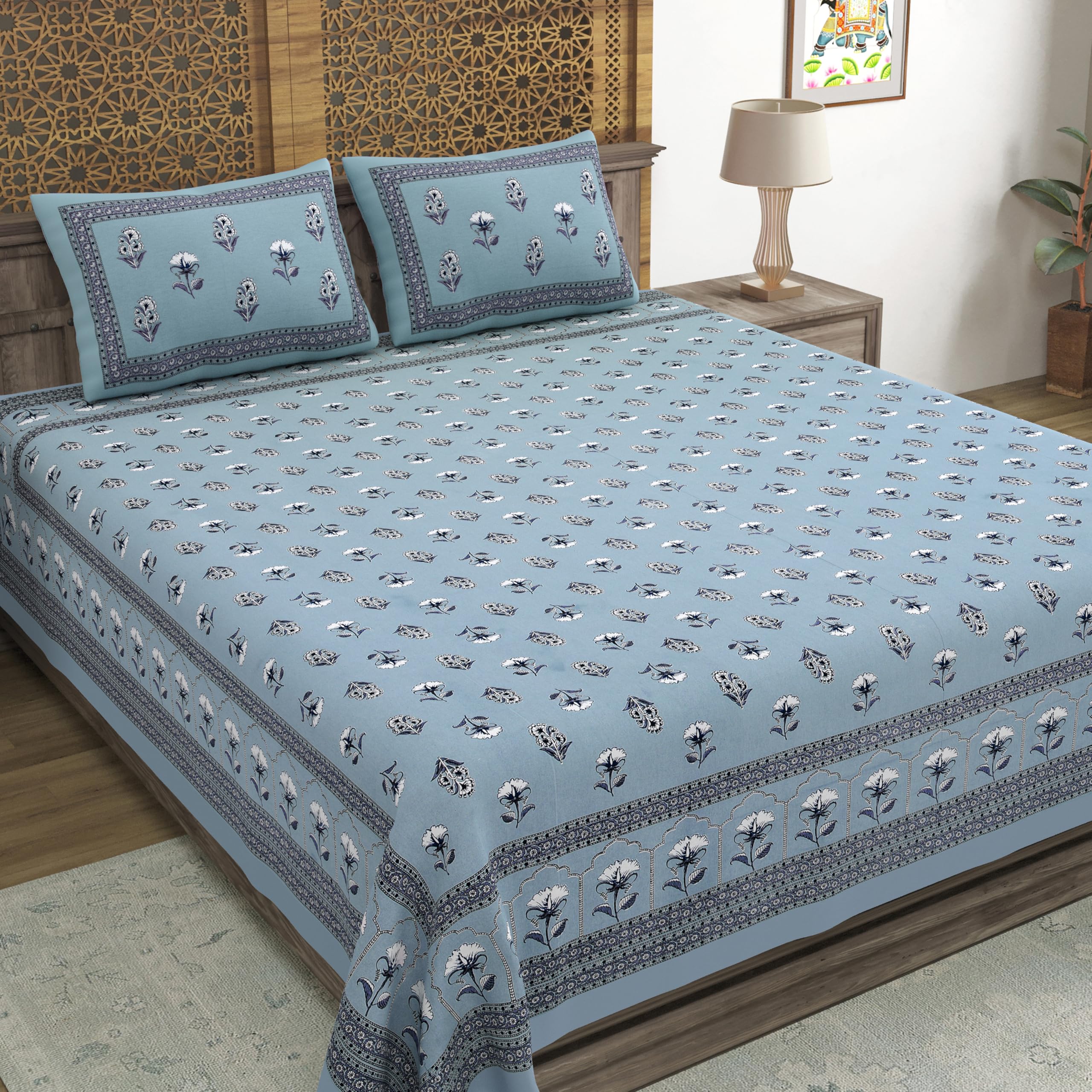 Blocks Of India Hand Block Printed 200 Tc Cotton Super King Size Bedsheet(106 X 106) | Pack Of 1, Batik Grey Flower