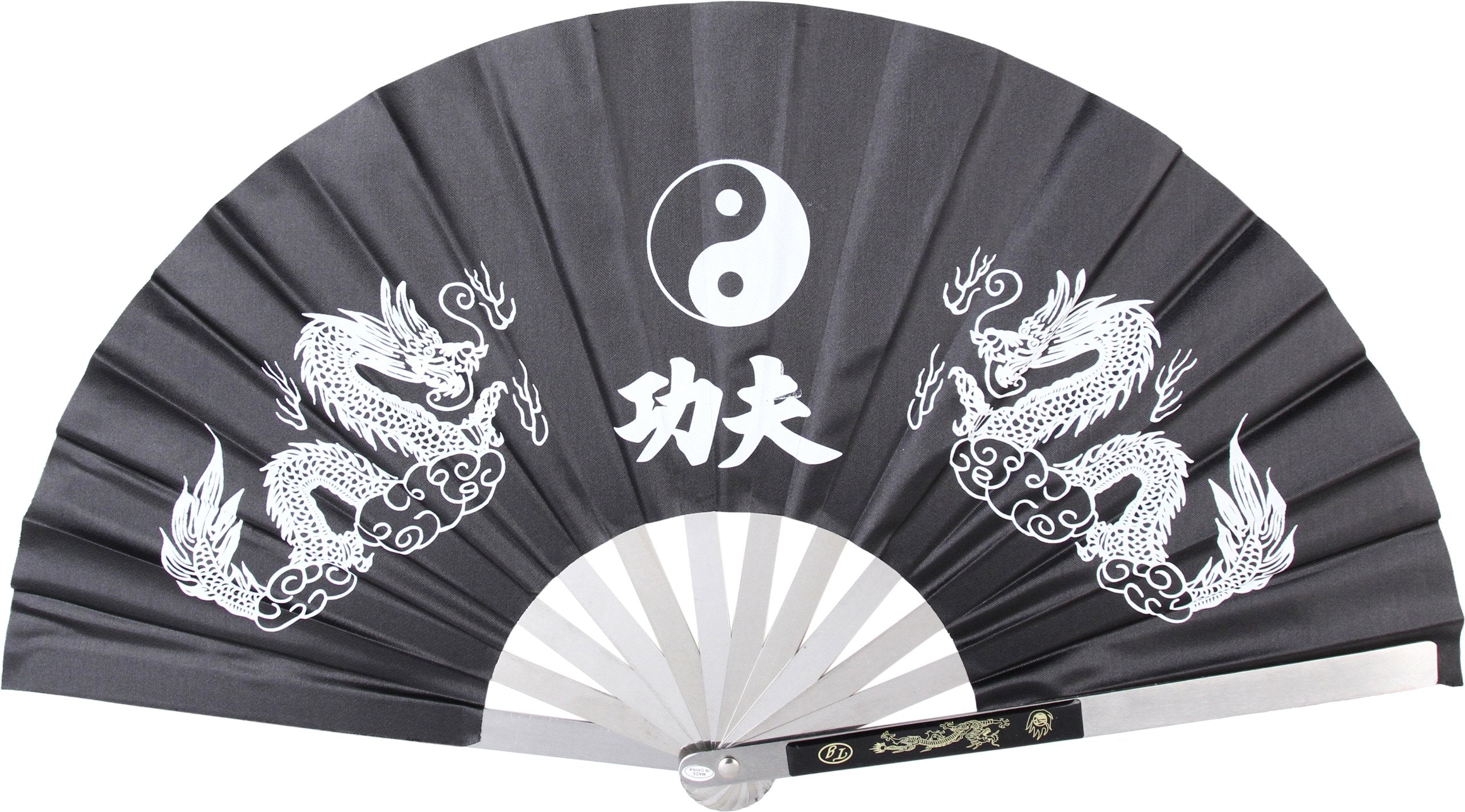 MASTER USA - Kung Fu Fighting Fan - Metal Frame, Black Nylon Fan with Dual Dragons, Ying Yang, Tai Chi Symbol - 2510-CBK - Marti