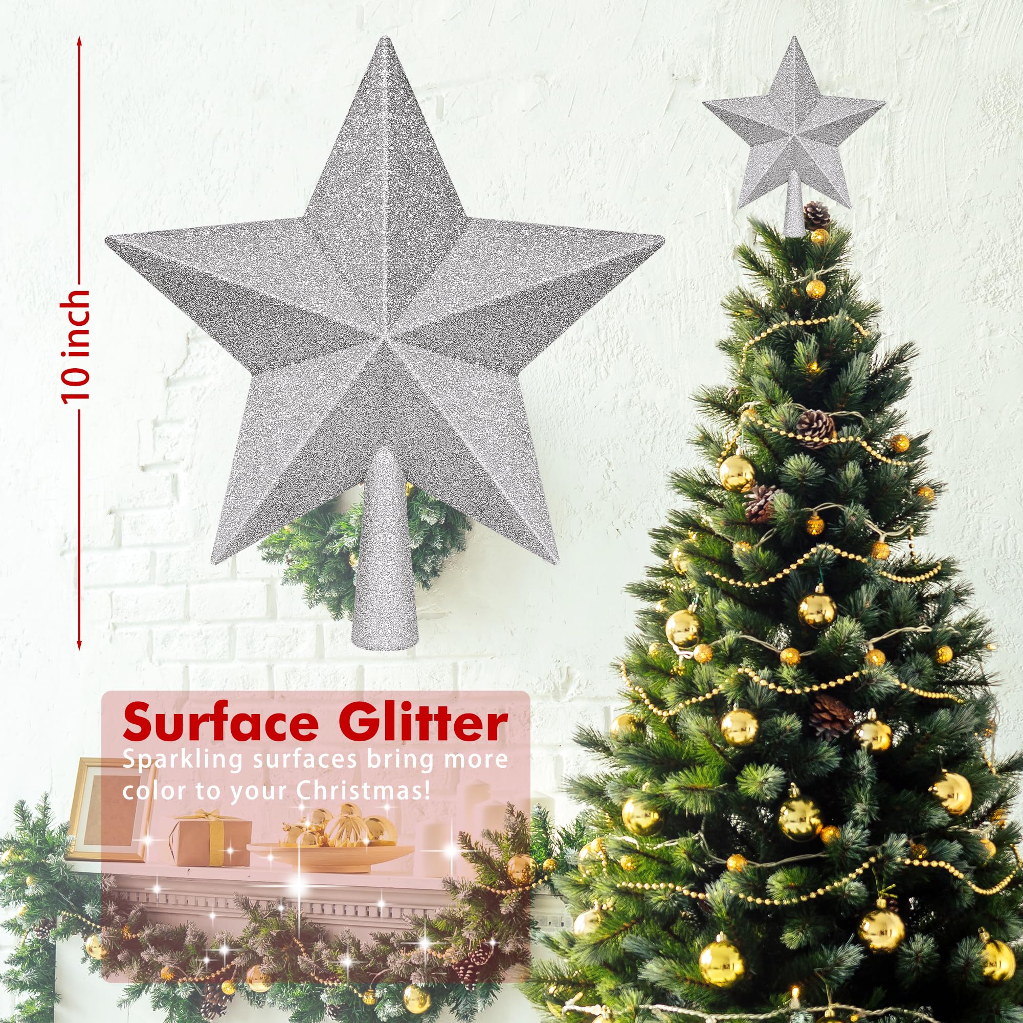 Christmas Tree Decoration, 10 Silver Christmas Tree Topper with Glitter, Large Bethlehem Star Xmas Tree Topper Decor, Waterproof
