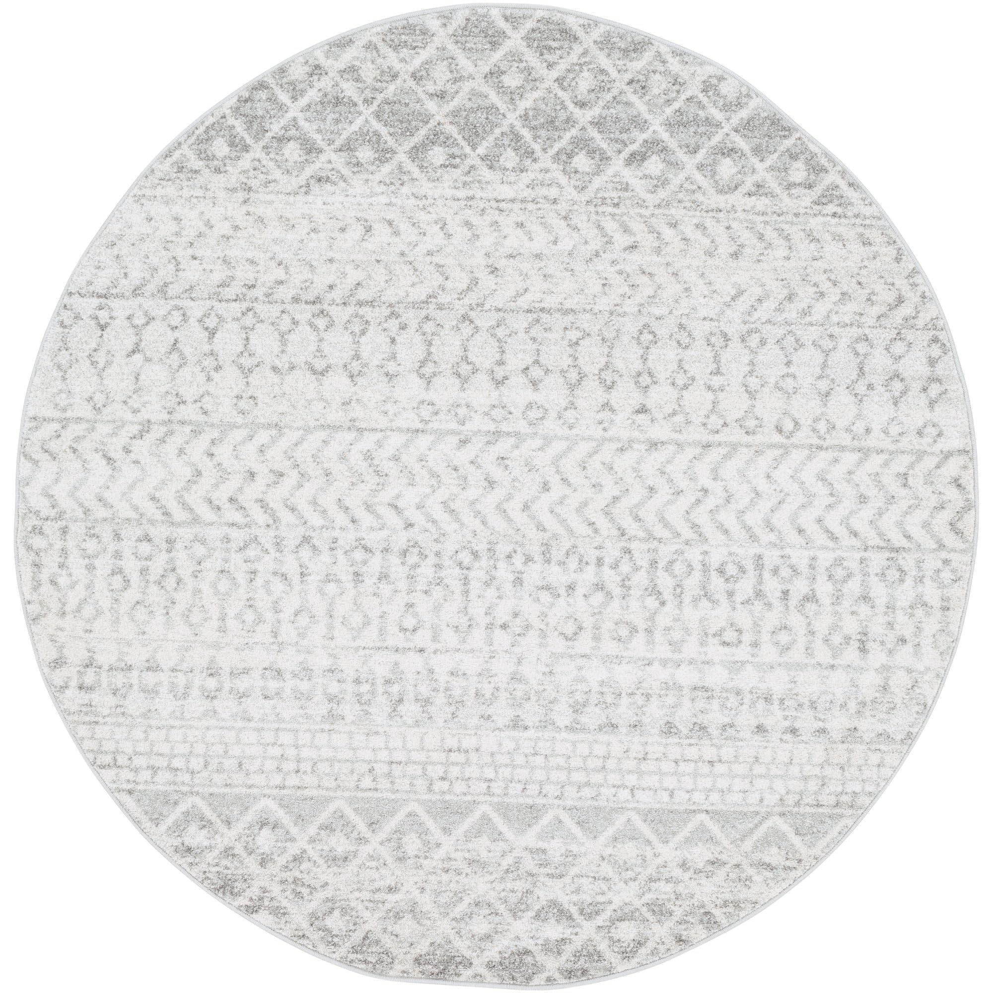 Livabliss Area Rugs - 5ft Round Chester Boho Moroccan Gray Rug for Living Room Bedroom - Grey White Geometric Stain Resistant Ca