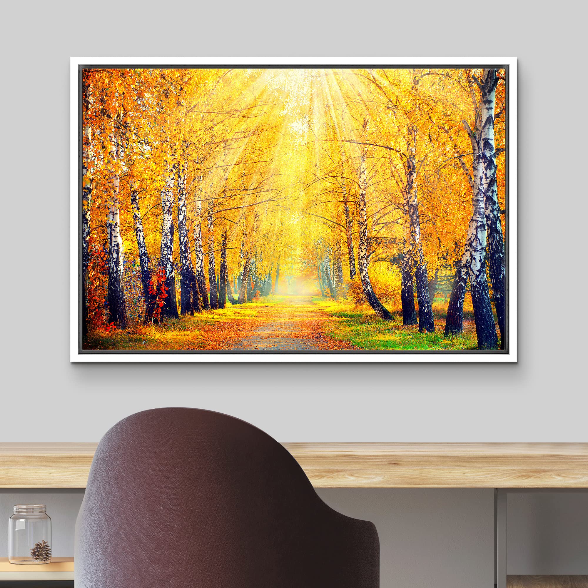 wall26 Framed Canvas Print Wall Art Sunlight Shine Over Yellow Autumn Forest Path Nature Wilderness Photography Modern Art Rustic Scenic Multicolor for Living Room  Bedroom  Office - 16''x24'' White