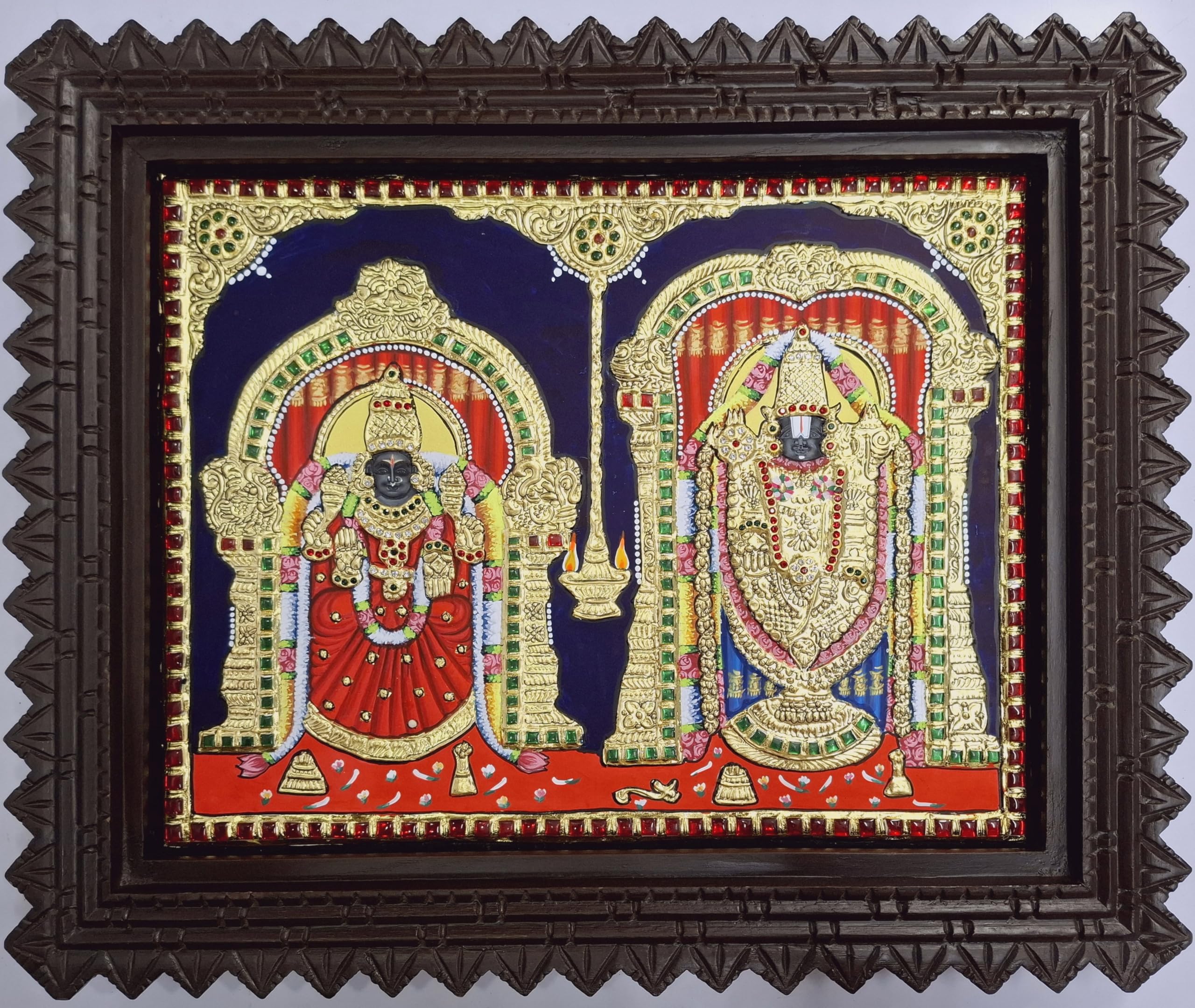 Jline Arts Wood Wall Hanging, Tanjore Painting Balaji Padmavathi, Multi-Color, Hand Painted, 22C Gold Foils Work, Teakwood Frame