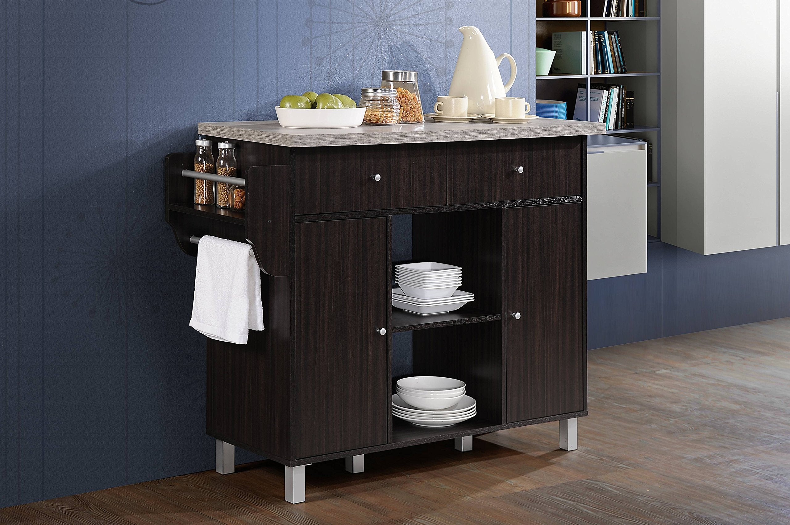 Hodedah Kitchen Island with Spice Rack plus Towel Holder in Chocolate-Grey