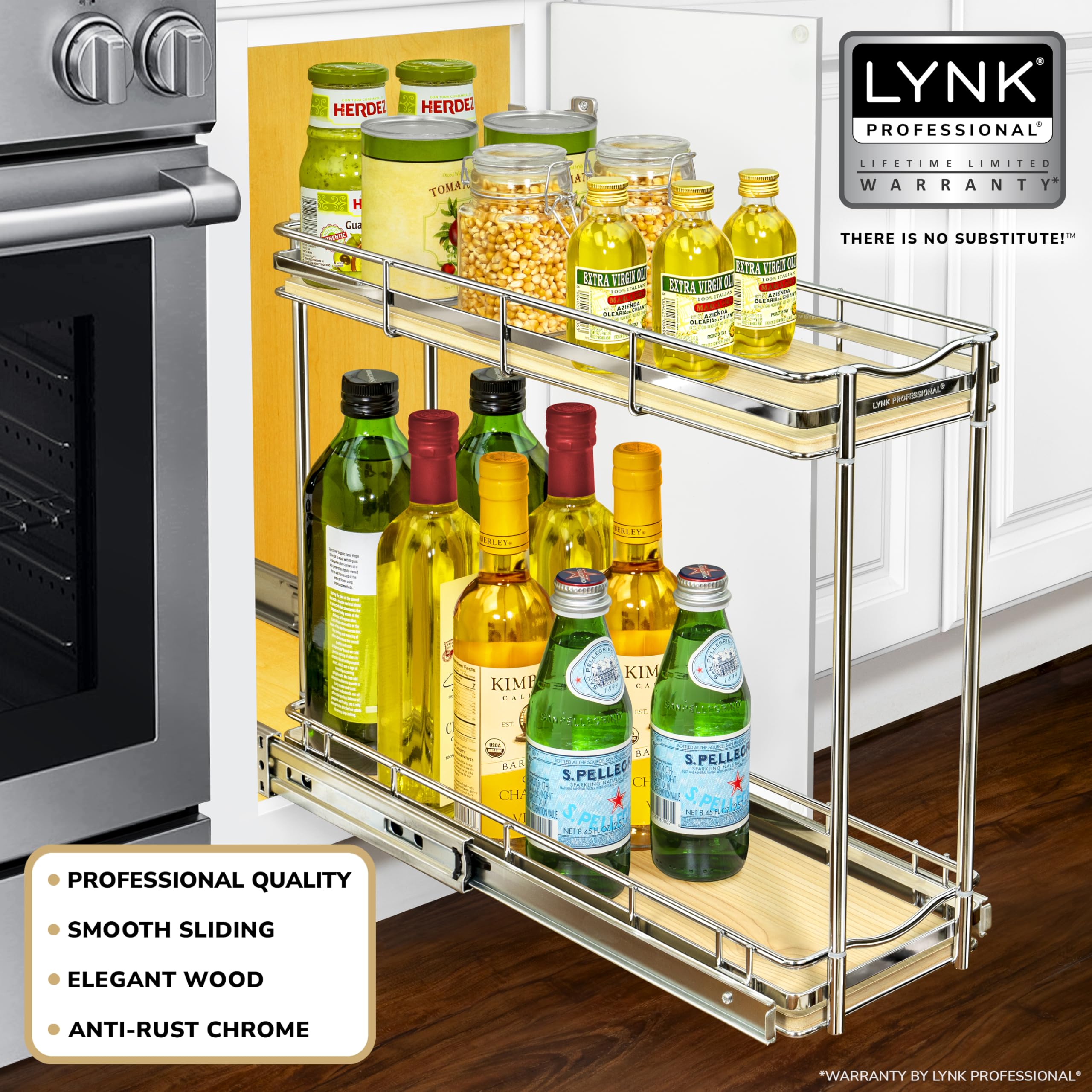 Lynk Professional   Lite Pull Out Spice Rack Organizer For Inside Kitchen Cabinets - 6X21 - Slide Out Drawer - Wood/Chrome S